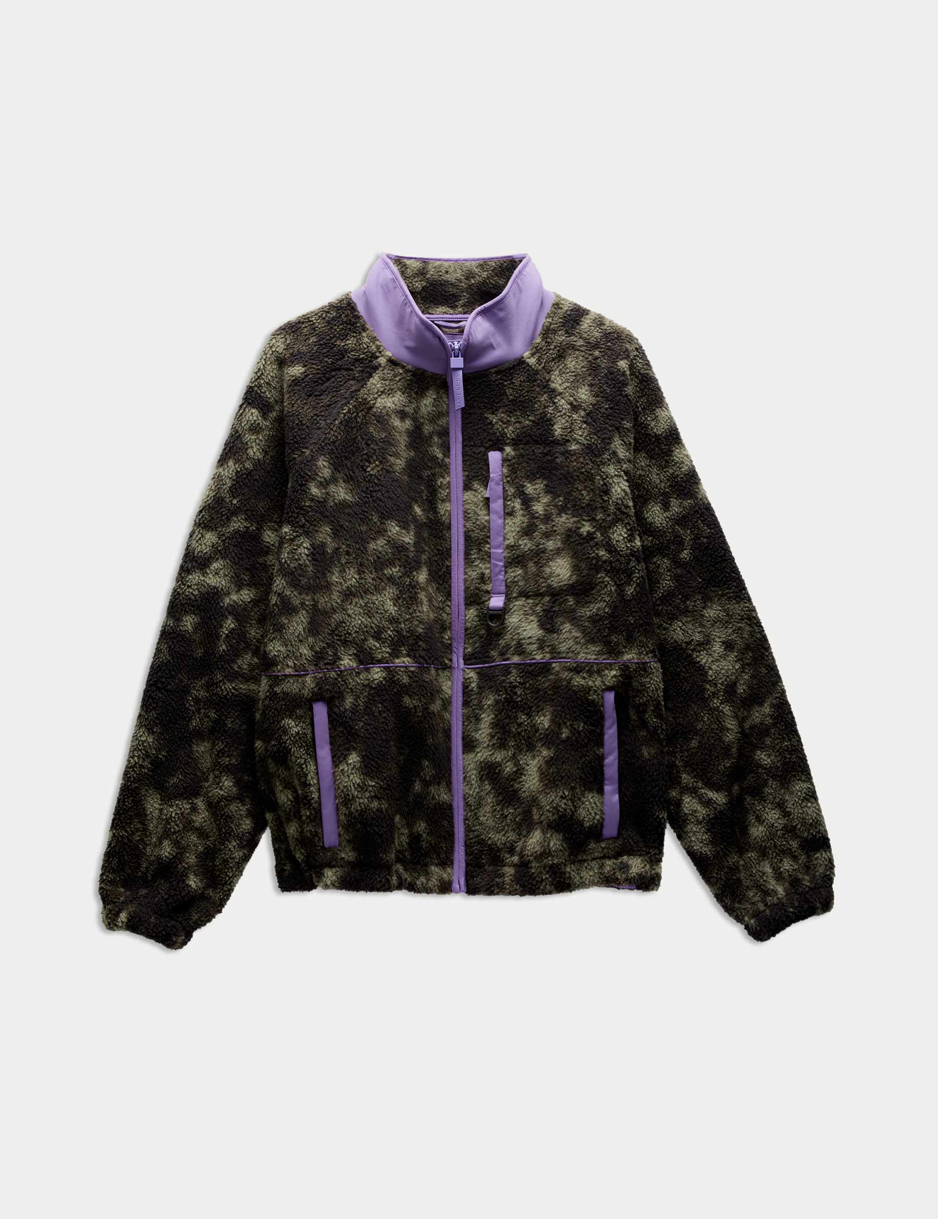 Borg Zip Up Printed Funnel Neck Fleece Jacket - Khaki Mix | Warm Winter Outerwear for Women | Perfect for Hiking, Camping & Outdoor Activities