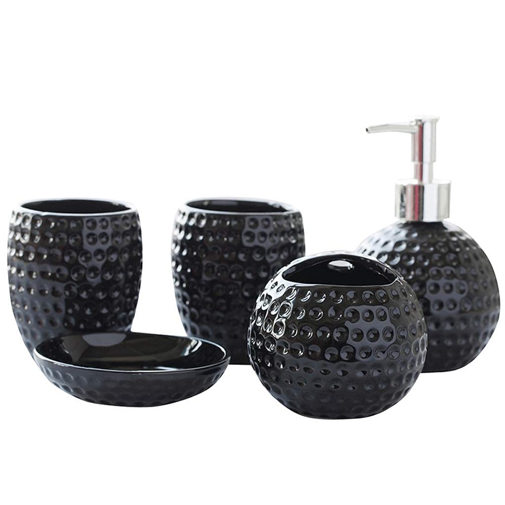 AWJ Black Honeycomb Ceramic Bathroom Accessory Set - Soap Dispenser, Toothbrush Holder & Wash Cup - Modern Bathroom Decor for Home, Hotel & Spa Use