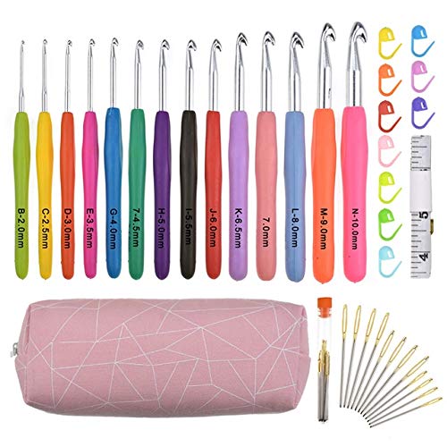 Xennos Ergonomic Knitting Needles & Crochet Hooks Set - 14 Sizes with 12 Large Eye Needles for Cross Stitch Sewing (Pink) - Perfect for DIY Crafts, Knitting Projects & Handmade Gifts