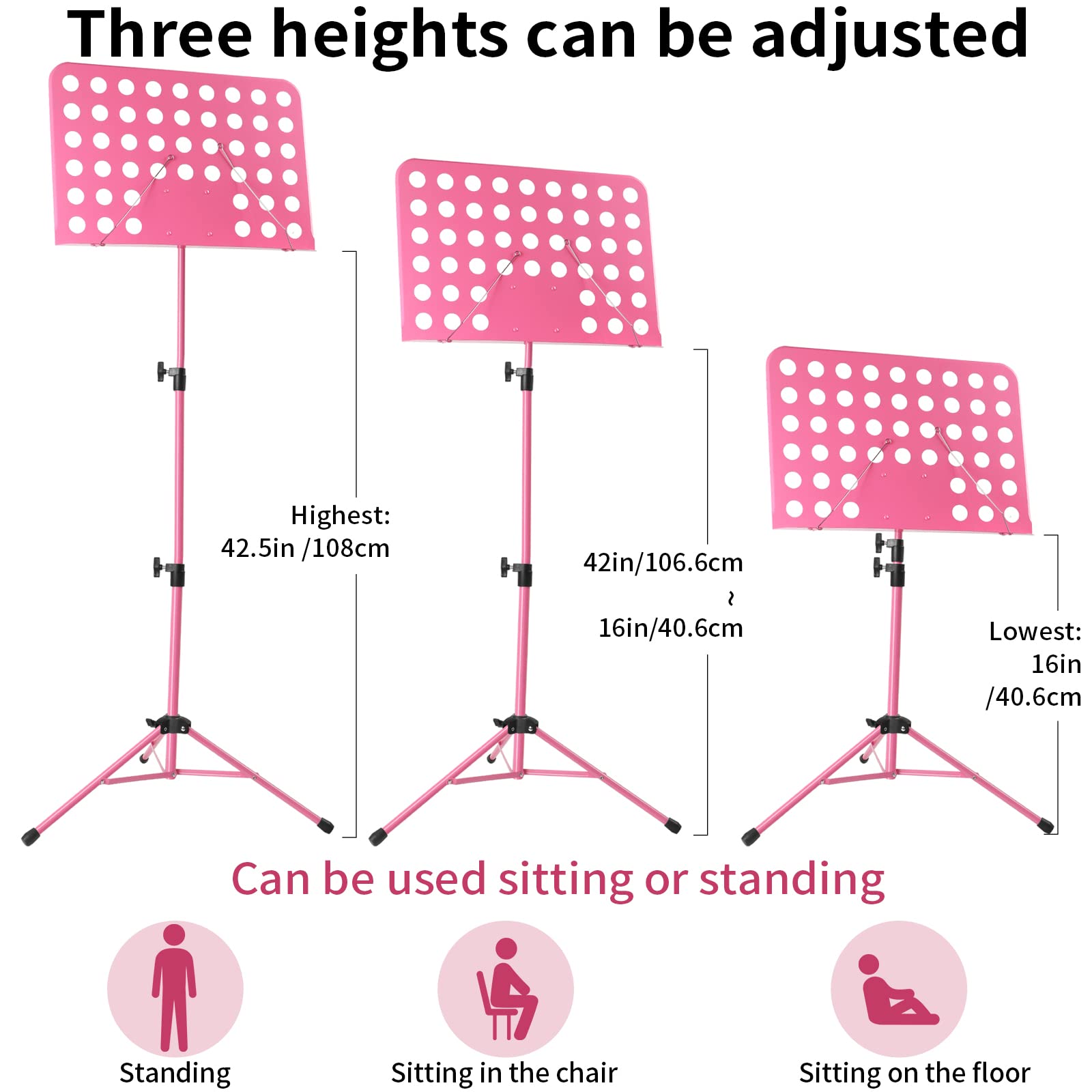 Lotmusic Pink Portable Music Stand - Foldable & Height-Adjustable Sheet Music Holder with Carrying Bag, Clip & Light | Perfect for Piano, Violin Practice & Travel | Home, School & Outdoor Use