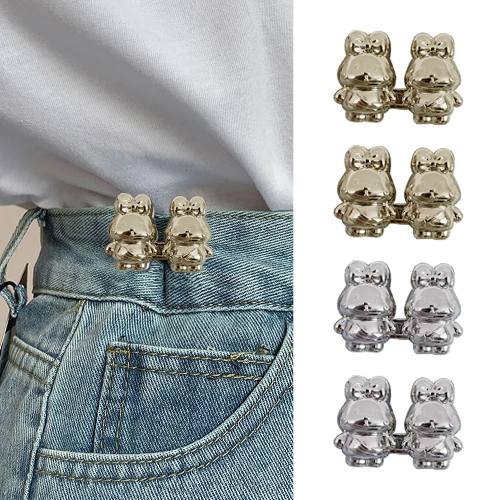 4 Pack Cute Rabbit Denim Button Pins - No Sew Adjustable Jean Buttons for Pants, Skirts & Clothes (Gold & Silver) | Fashion Accessories for DIY Clothing Repair & Outfit Customization