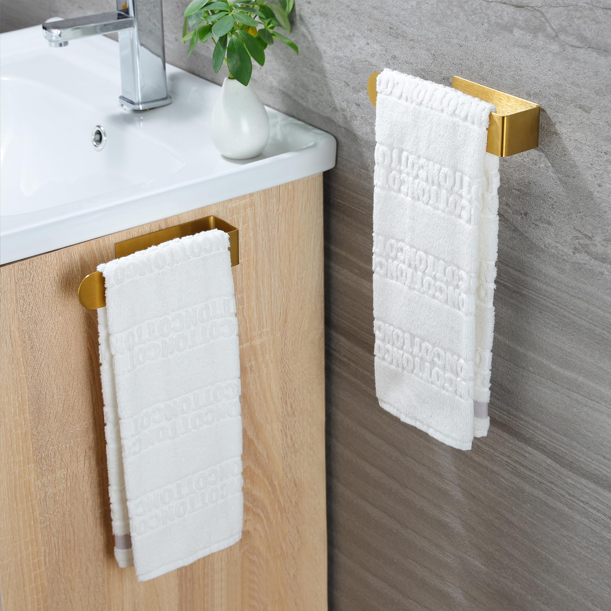 Taozun Adhesive Towel Rack - Gold Stainless Steel Brushed Wall Mount Hand Towel Holder for Bathroom (2 Pack) | Space-Saving Solution for Small Bathrooms & Kitchen Towel Organization