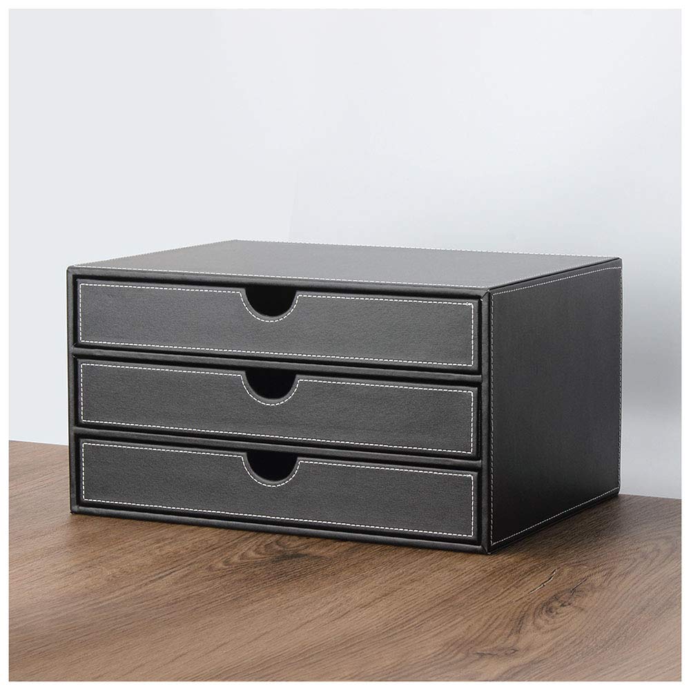 Amazon Multi-Functional PU Leather Desktop Organizer - 3-Drawer Office Supplies Storage Box for Files, Stationery & Bills | Perfect for Home Office, Work Desk & School Organization (Black)