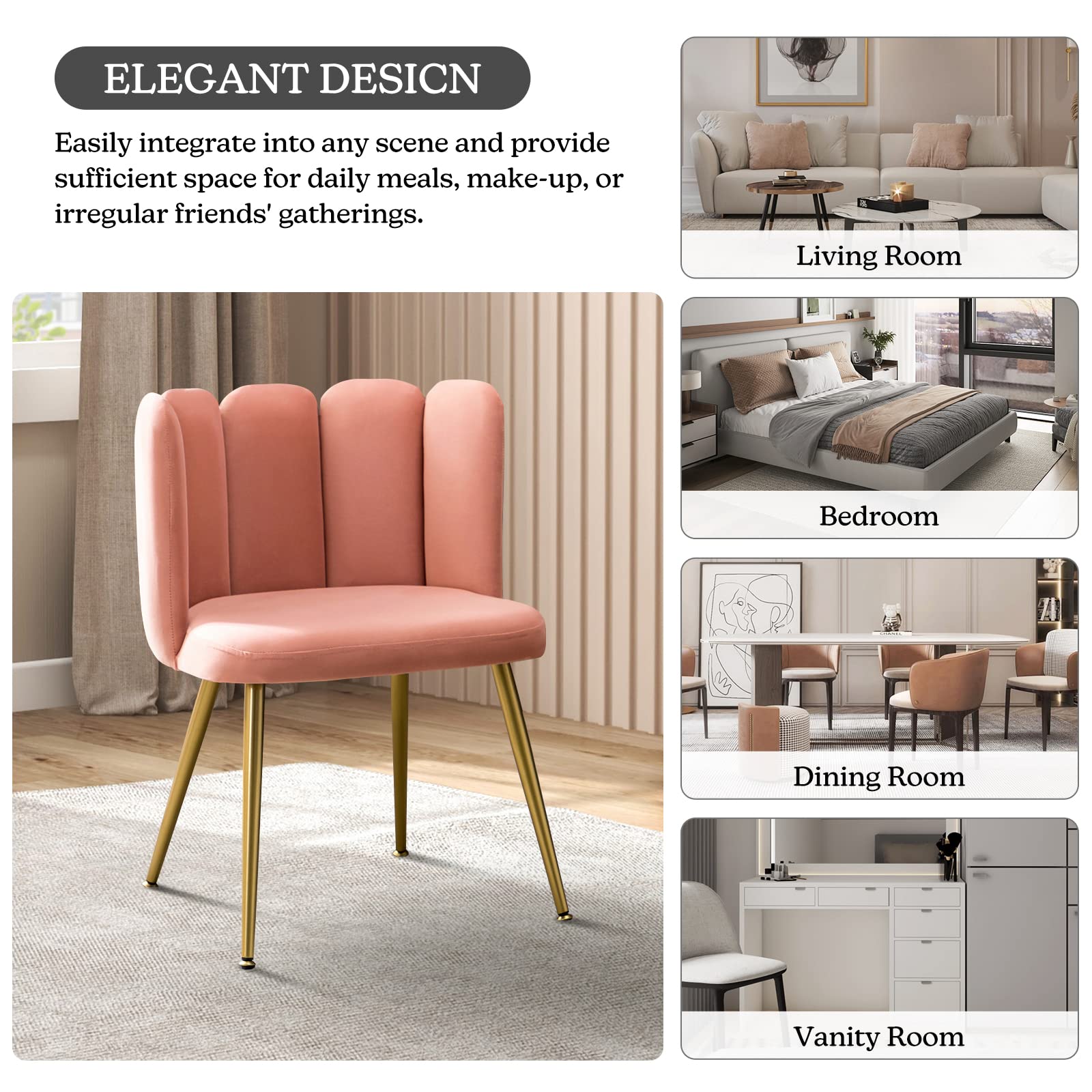HULALA HOME Velvet Accent Chairs Set of 2 - Pink Upholstered Dining Chairs with Shell Back & Gold Metal Legs, Modern Vanity Chair for Makeup Room, Comfy Living Room Seating for Bedroom, Office, or Lounge