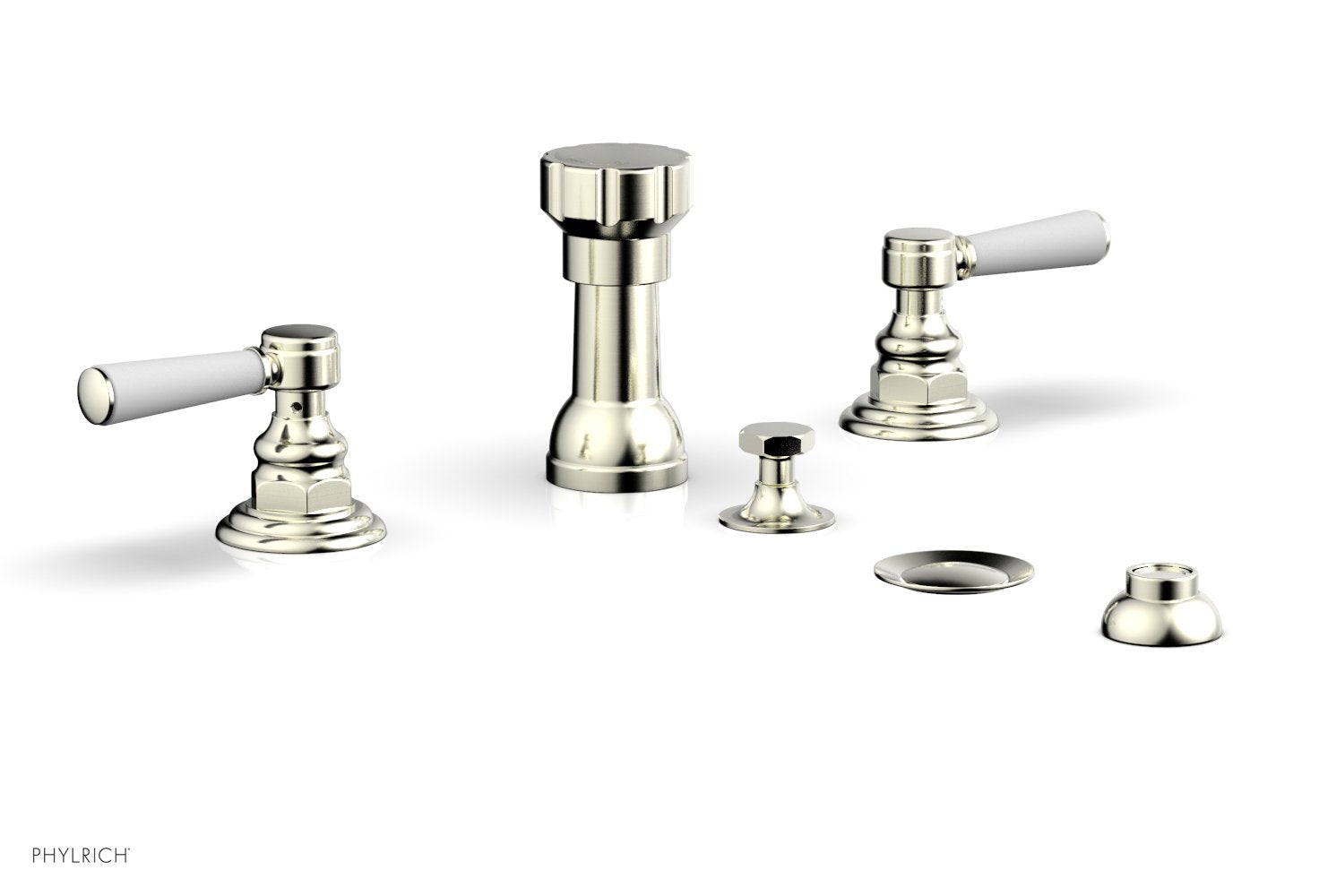HEX TRADITIONAL Four Hole Bidet Faucet Set with Satin White Lever Handles - Model 500 61 - Perfect for Bathroom Renovation and Modern Toilet Upgrades