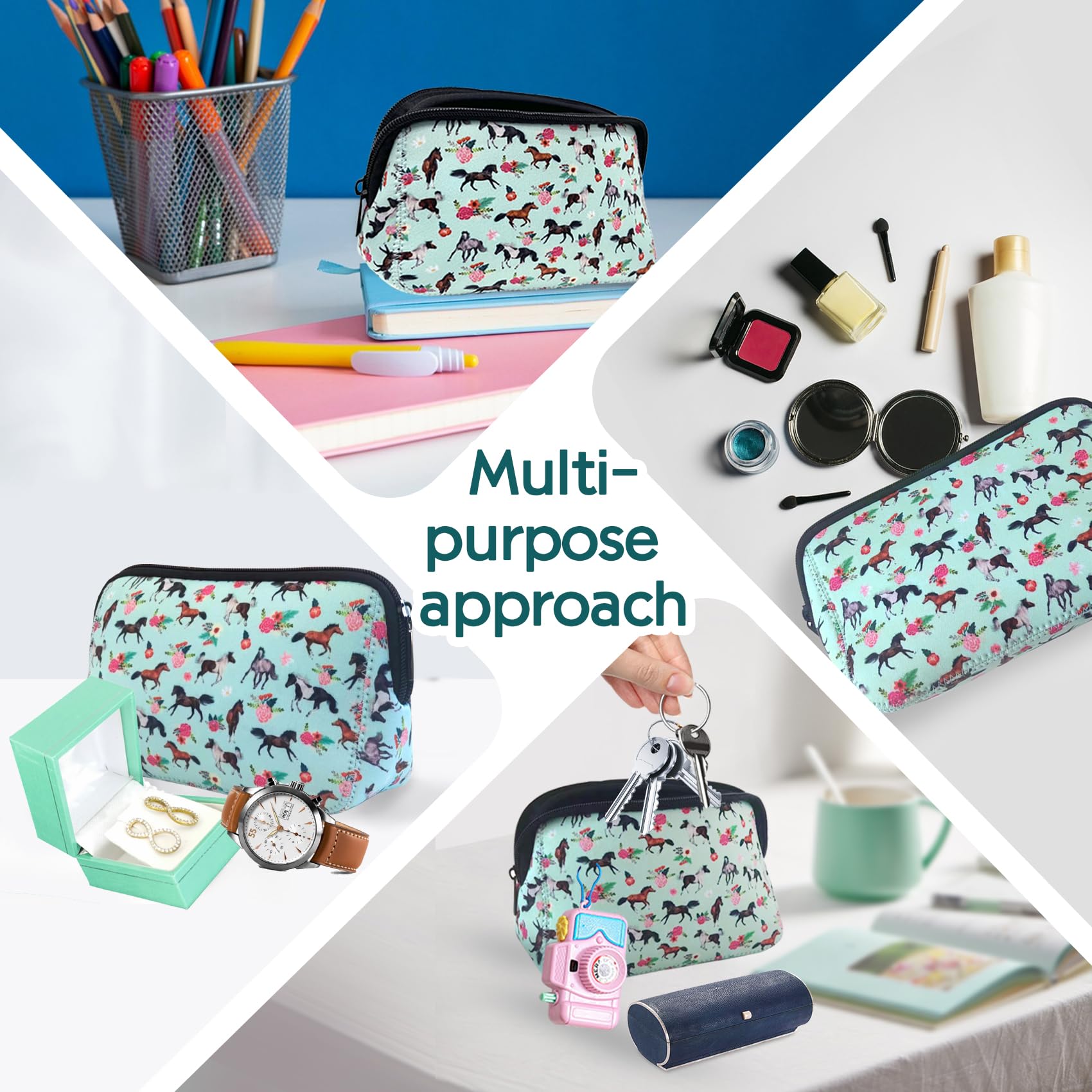 Waterproof Neoprene Makeup Bag for Women - Cute Horse Print Cosmetic Pouch with Zipper, Portable Travel Toiletry Organizer for Purse - Perfect Gift for Teacher, Mom, Sister & Girlfriend - Great for Travel, Gym & Daily Beauty Essentials