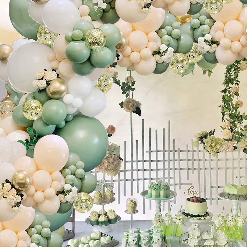 152-Piece Sage Green Balloon Garland Kit with White, Peach, Gold & Retro Olive Green Balloons - Wedding, Baby Shower, Bridal Shower & Birthday Party Decorations - Perfect for Indoor and Outdoor Celebrations