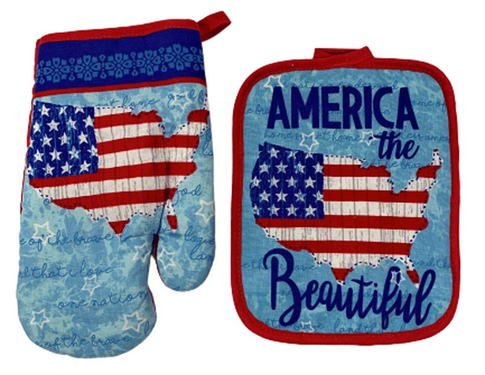 Premium Cotton Oven Mitt and Potholder Set of 2 - Heat Resistant Kitchen Gloves with Americana Design for Baking, Cooking & Grilling - Perfect for Home, Restaurant & BBQ Use