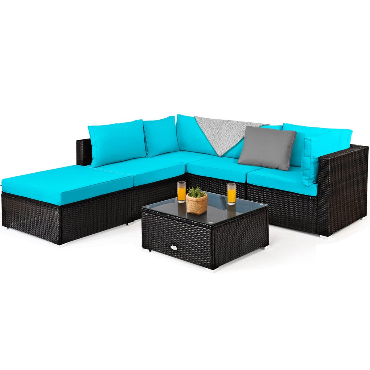**Tangkula 6-Piece Patio Furniture Set - Durable Steel Frame & PE Rattan Wicker Outdoor Sectional Sofa with Coffee Table - Turquoise - Perfect for Backyard, Deck, Lawn, and Garden Relaxation**