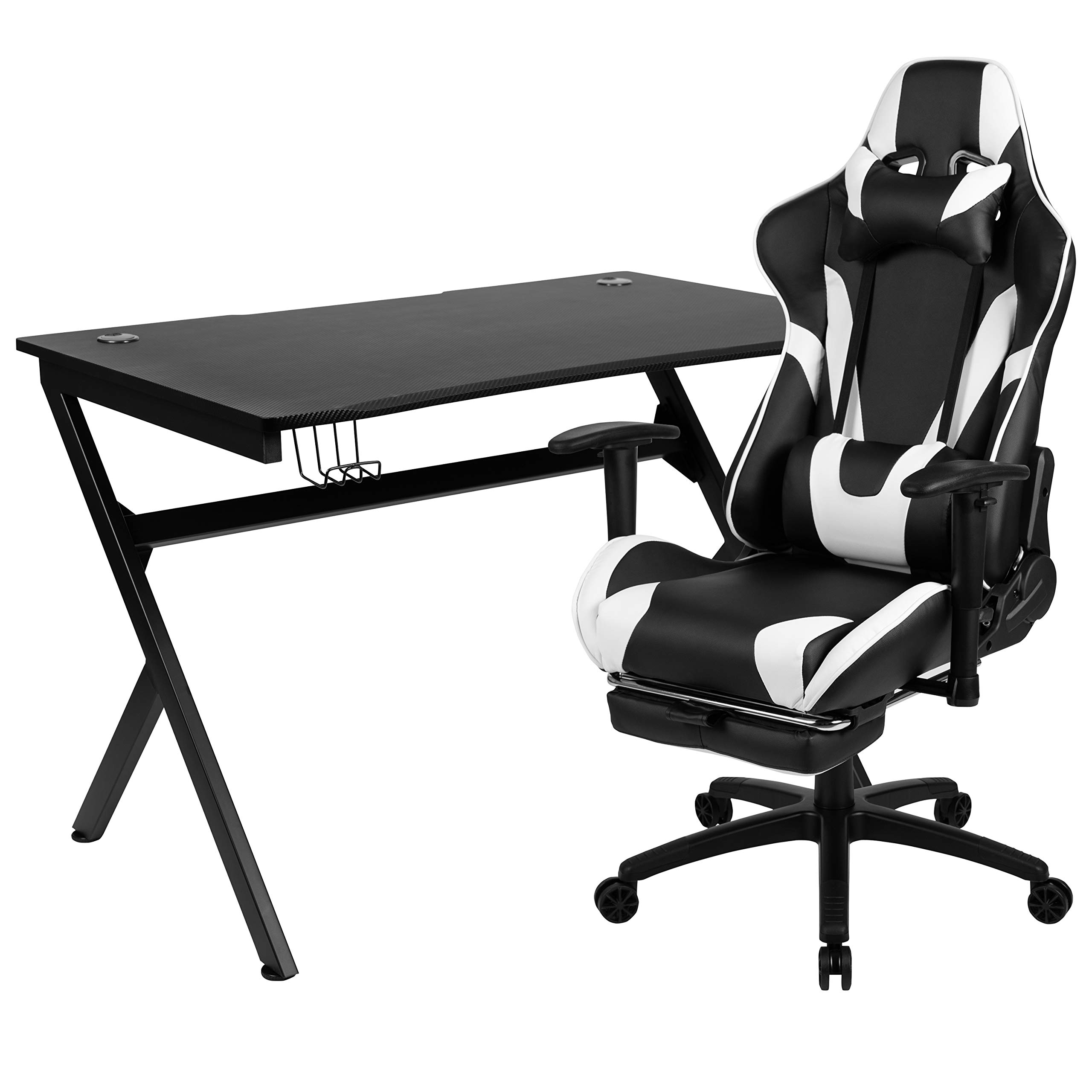 Flash Furniture Optis Black Gaming Desk & Reclining Gaming Chair Set with Cup Holder, Headrest, 2 Cable Management Holes - Perfect for PC Gaming, Streaming & Home Office Setup