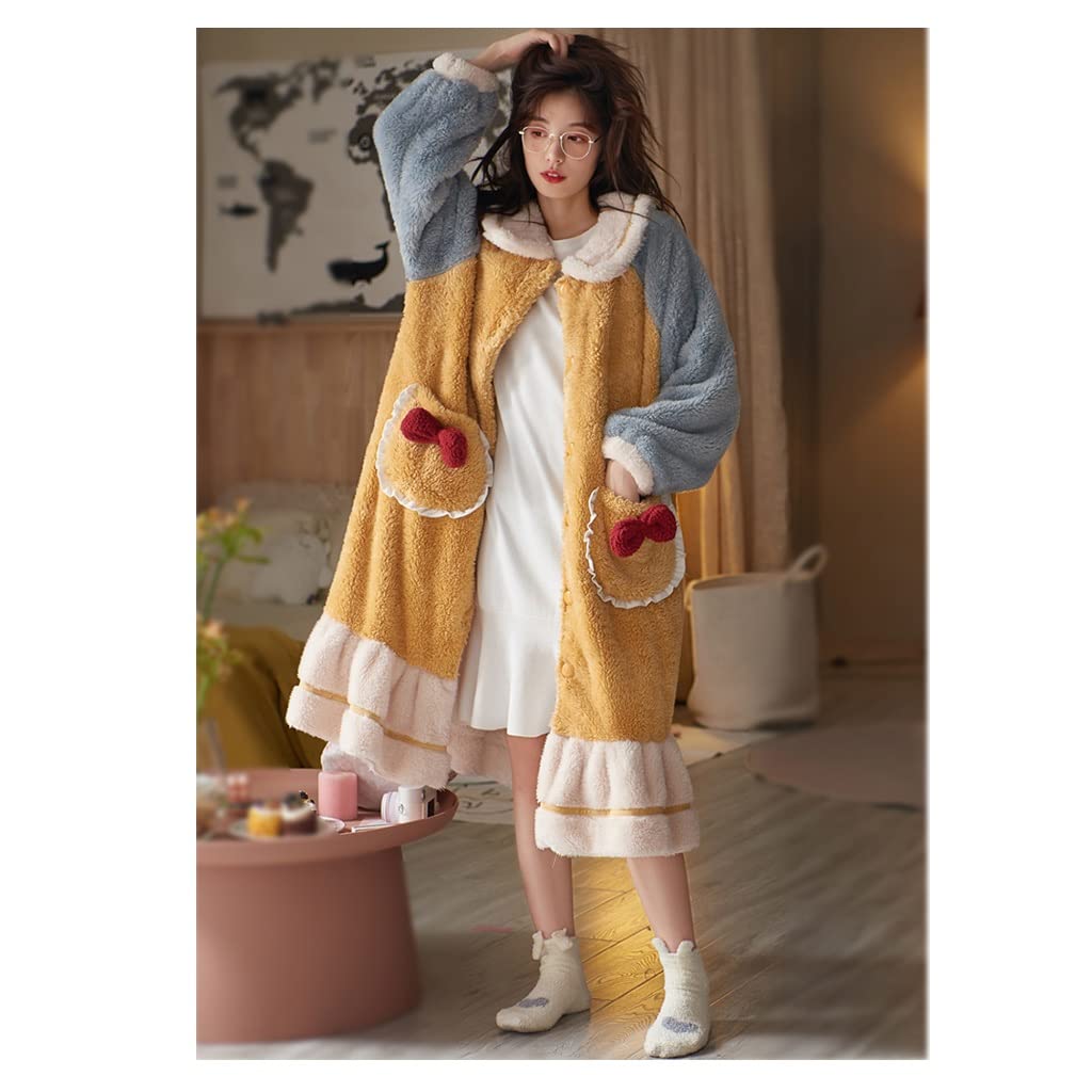 **Soft Flannel Women's Bathrobe - Plus Size XL (175CM) Warm Winter Kimono Pajama Dressing Gown for Ladies - Cozy Home Nightwear & Loungewear (Yellow) - Perfect for Relaxing, Spa Days & Cold Evenings**