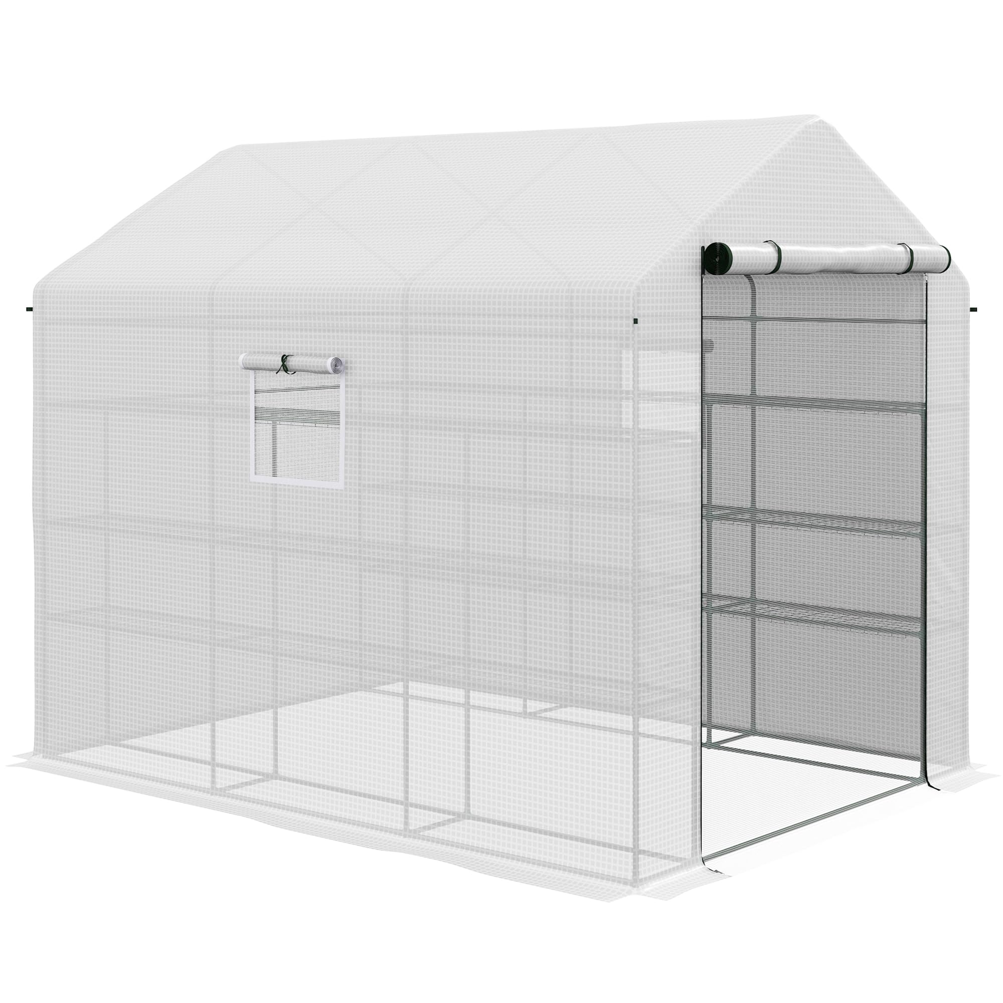 Outsunny 8' x 6' x 7' Walk-in Greenhouse with Mesh Door & Windows - 18 Shelf Plant House with Trellis & Plant Labels - UV Protected for Growing Flowers, Herbs, Vegetables & Saplings - Perfect for Backyard Gardening, Urban Farming & Year-Round Plant Protection (White)
