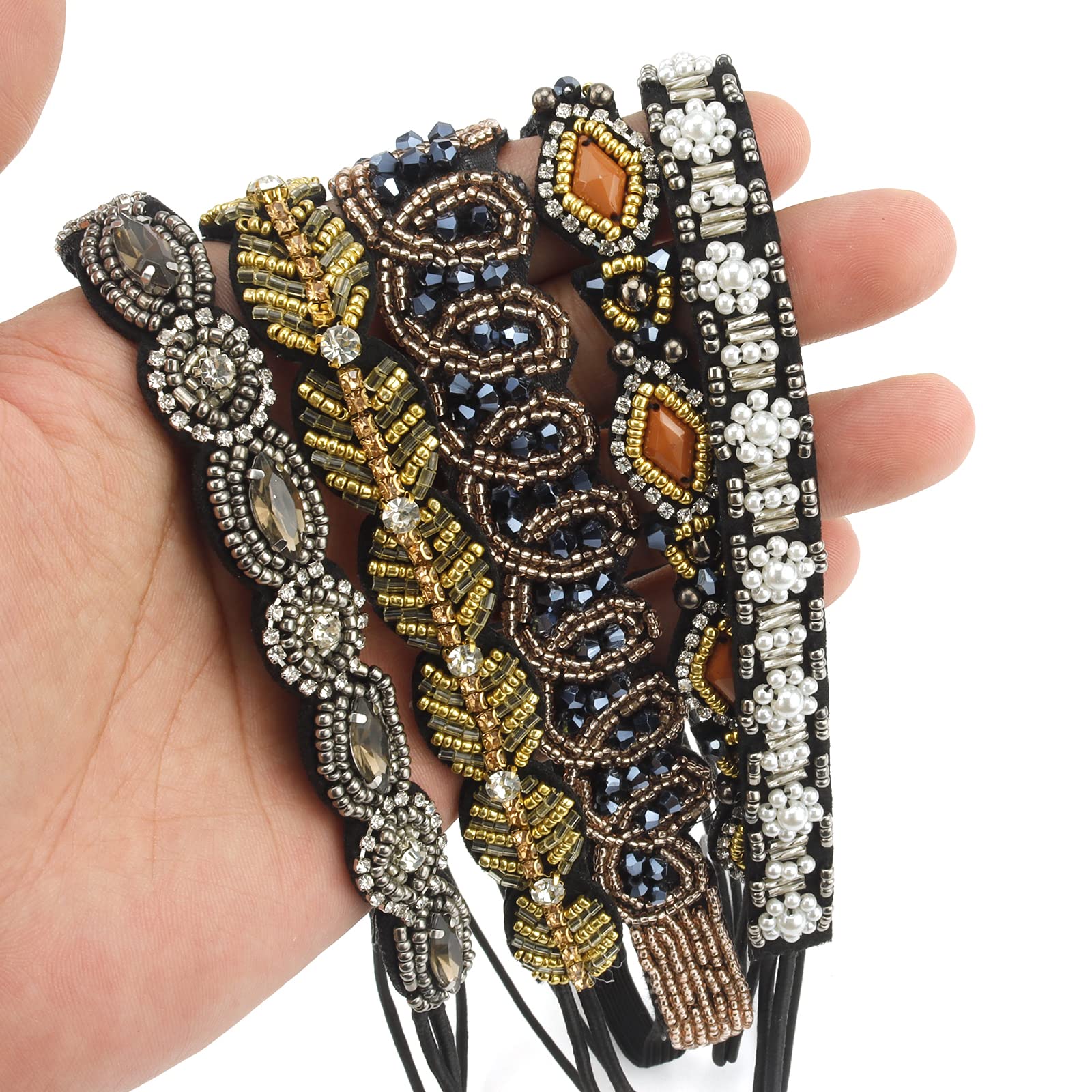 AMCAMI 5-Piece Rhinestone Beaded Hairband Set for Women - Elegant Crystal Jeweled Headbands - Handmade Hair Accessories for Women & Girls (Weddings, Parties, Prom, Daily Wear)