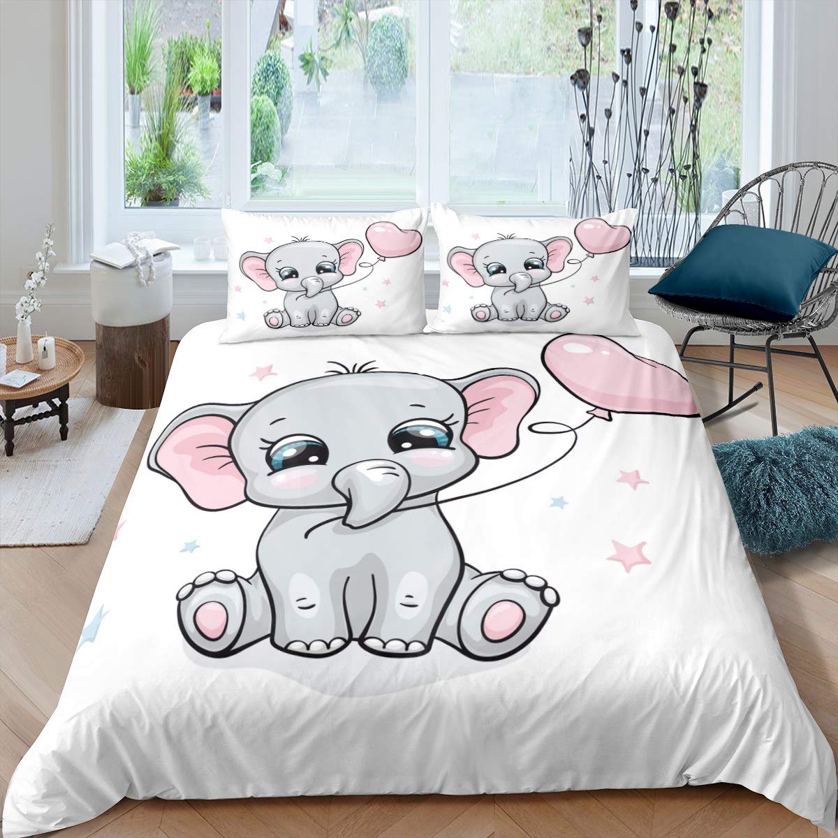 Feelyou Elephant Bedding Set for Kids - Cute Baby Elephant Duvet Cover & Cartoon Animal Printed Comforter - Twin Size 2-Piece Bedroom Collection - Perfect for Nursery, Kids' Room Decor and Gift