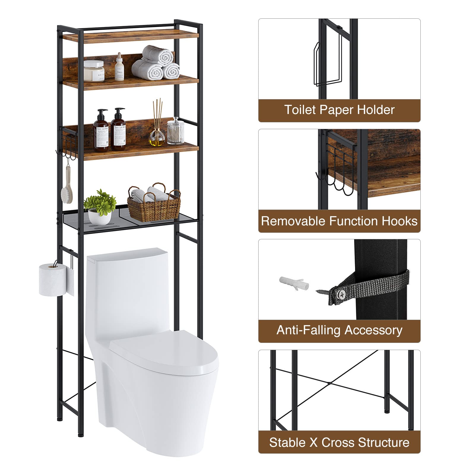 Rolanstar 4-Tier Over The Toilet Storage Organizer - Freestanding Bathroom Shelf with Hooks, Space-Saving Design for Small Bathrooms, Rustic Brown - Perfect for Towels, Toilet Paper & Bathroom Essentials Storage