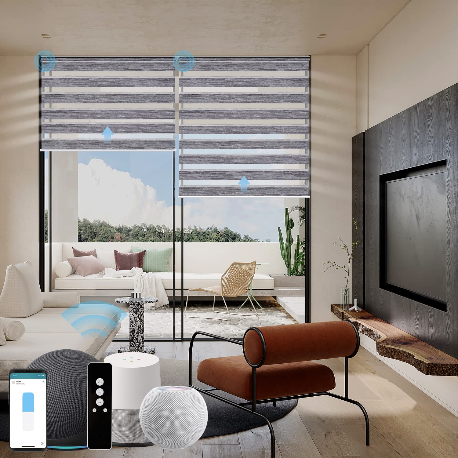 WEFFORT Motorized Zebra Blinds - Smart Home Compatible (HomeKit, Alexa, Google Home, SmartThings) - Electric Window Shades with Remote Control - 85% Blackout Grey - Custom Sizes Available for Home & Office Use
