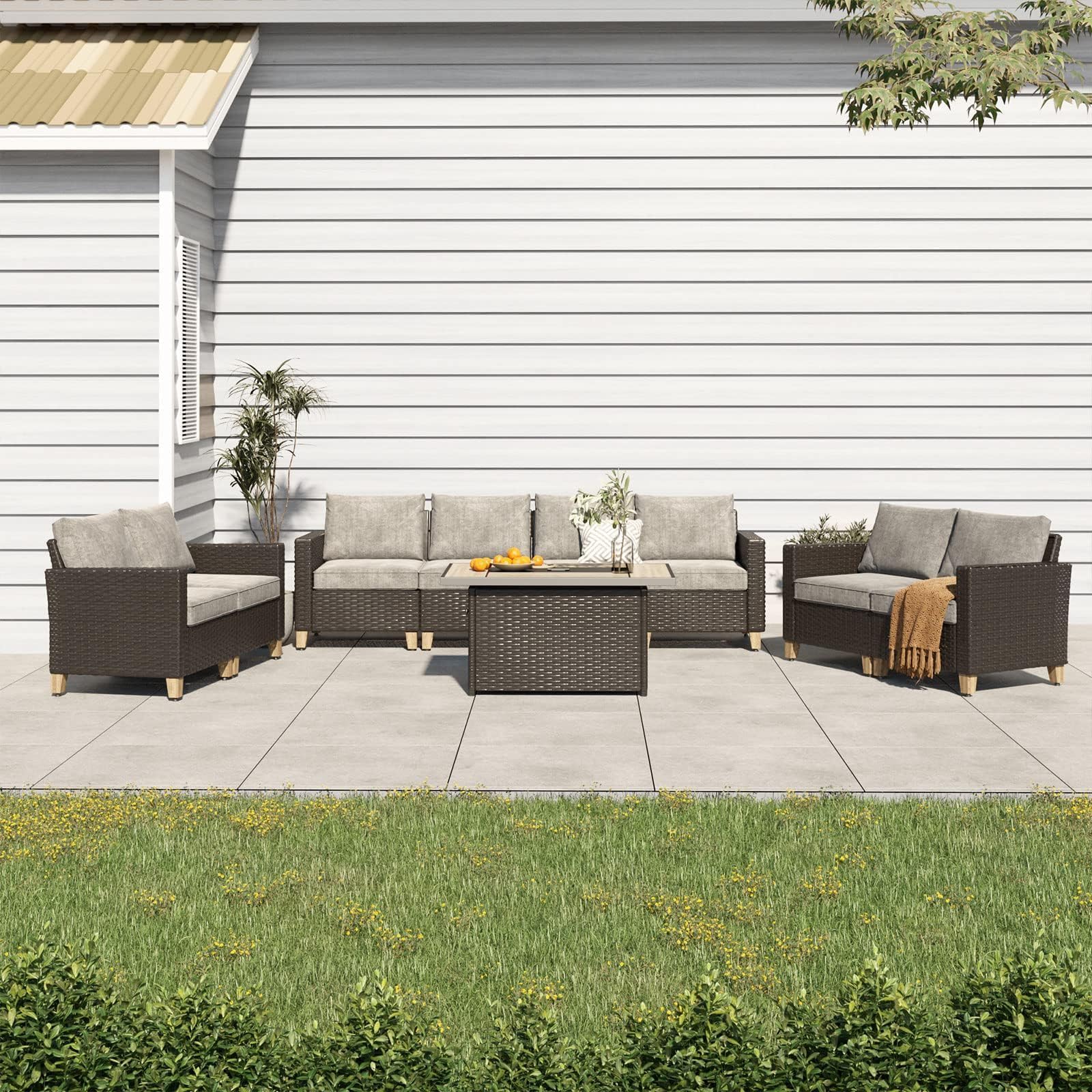 6-Piece Grand Patio Sofa Set with Fire Pit Table - PE Wicker Outdoor Sectional Sofa with Thick Cushions for Garden, Yard, Porch - Perfect for Backyard Gatherings & Fireplace Conversations