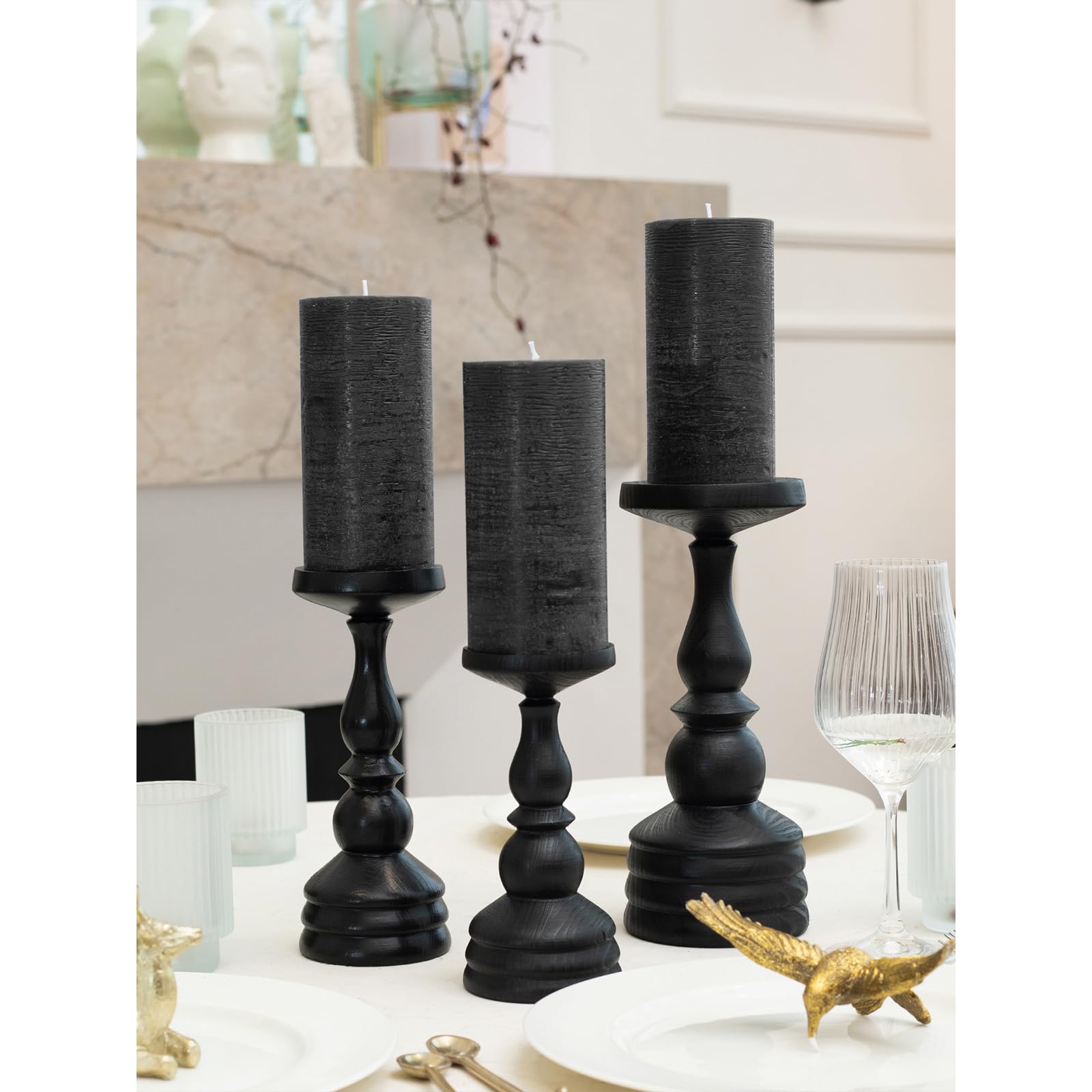 Large Pillar Candles 3x6 Inch - Set of 3 Unscented Black Candles for Halloween Decor & Home Styling