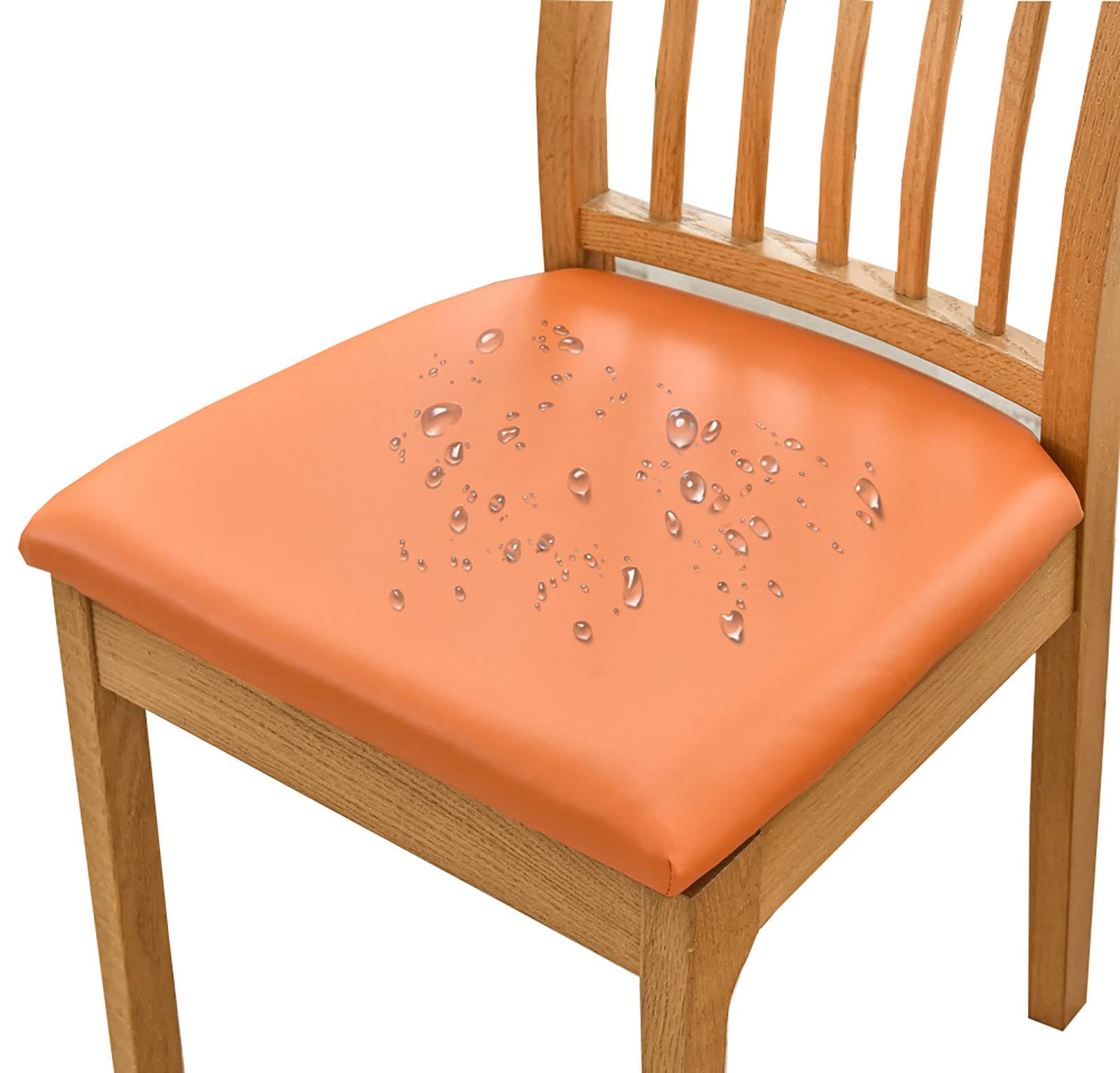 Waterproof PU Leather Dining Chair Seat Covers - 2-Piece Stretchable, Washable Slipcovers for Kitchen & Dining Room Chairs (Orange) - Perfect for Home, Office & Restaurant Use