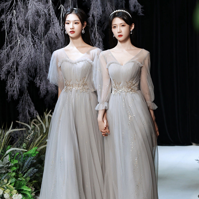 Elegant Gray A-Line Long Prom Dress - Shiny Formal Party Gown for Bridesmaid & Evening Events - Perfect for Homecoming, Wedding, and Special Occasions