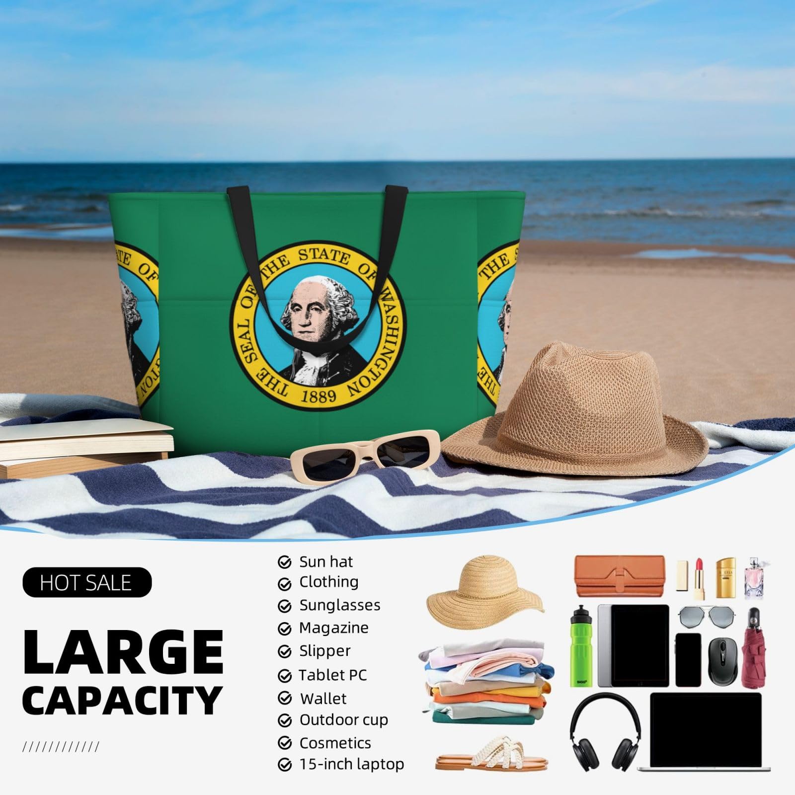 Washington Flag Beach Tote - Extra Large Travel Bag for Women | Beach & Outings
