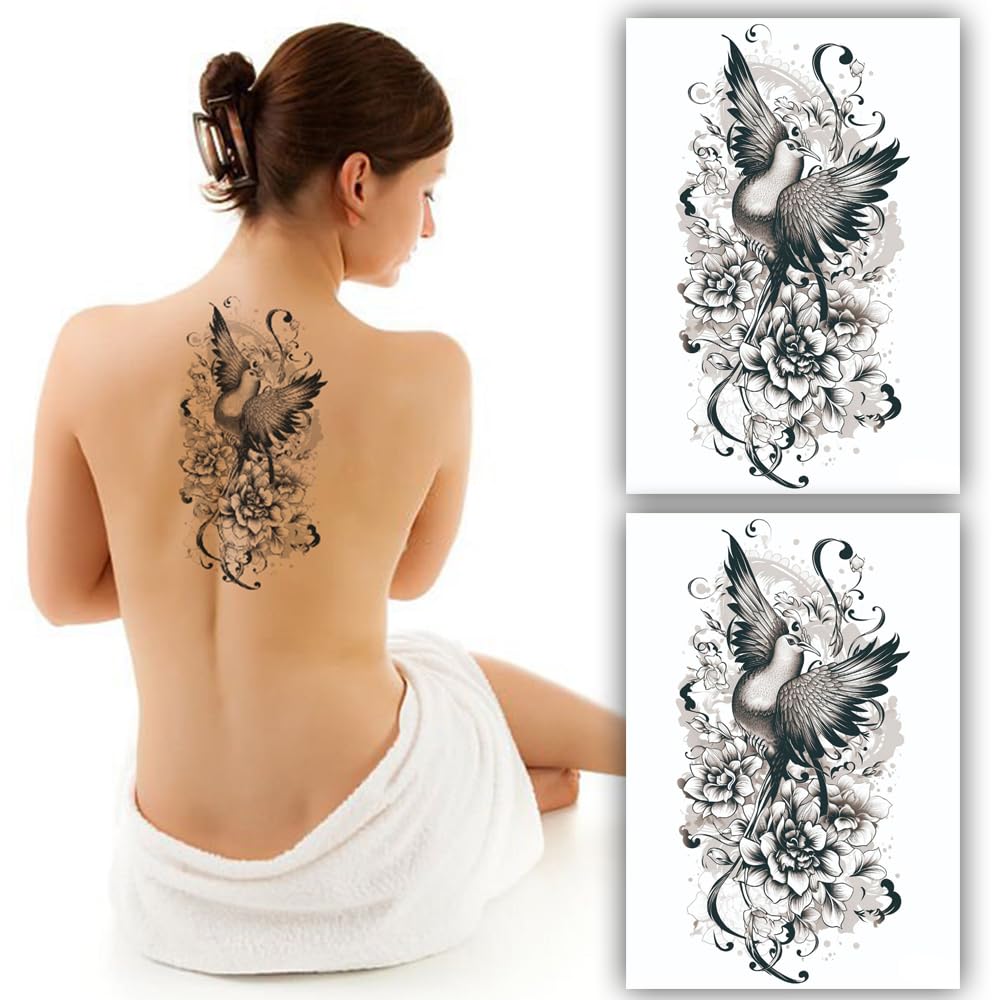 Realistic Majestic Bird & Floral Temporary Tattoo Stickers (2PCS) - Waterproof Fake Tattoos for Men & Women, 22x15 cm - Perfect for Parties, Festivals & Body Art Enthusiasts