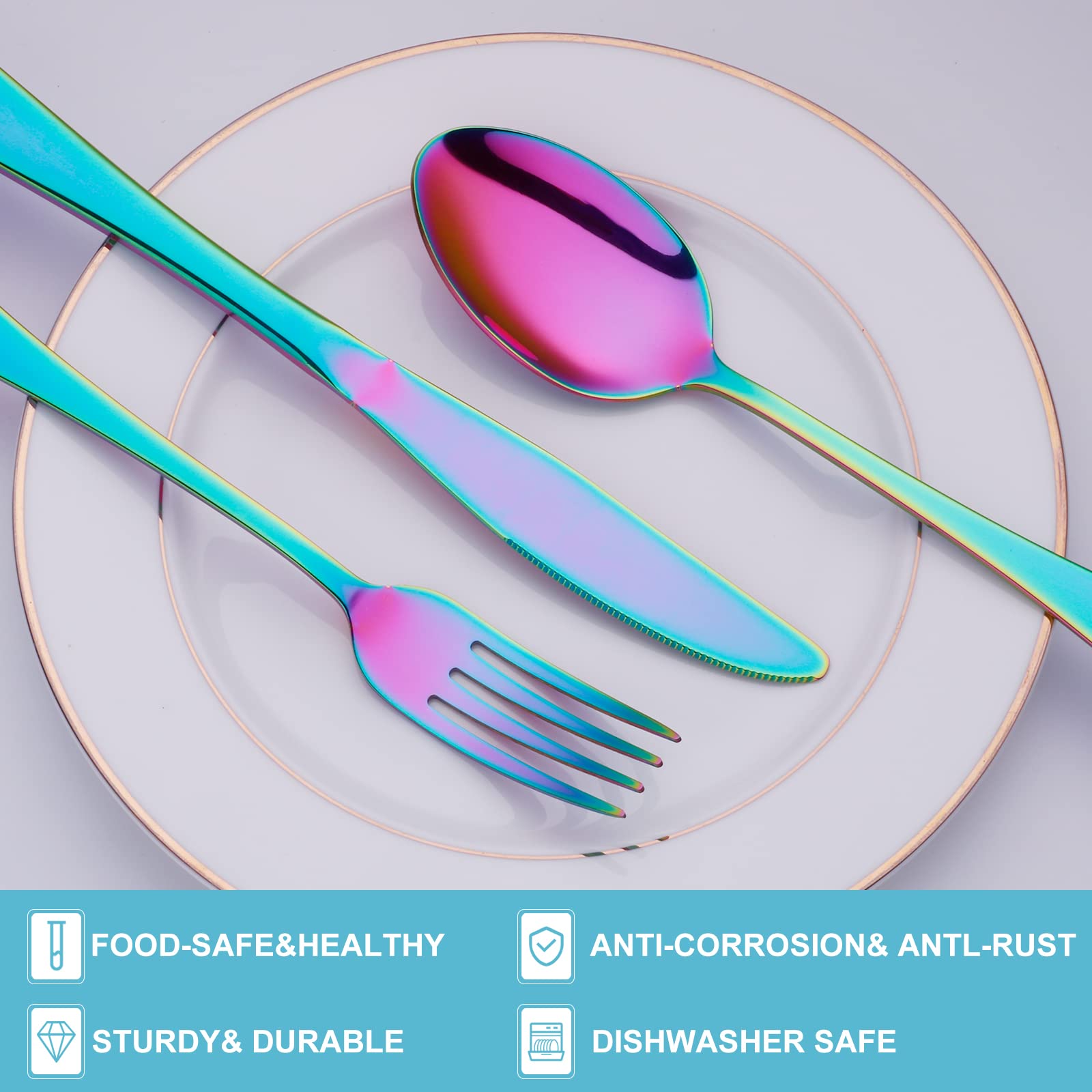 Kitiok 20-Piece Stainless Steel Flatware Set for 4 - Rainbow Silverware Cutlery Set with Knives, Forks & Spoons - Mirror Polished, Dishwasher Safe - Perfect for Dinner Parties, Restaurants & Everyday Dining
