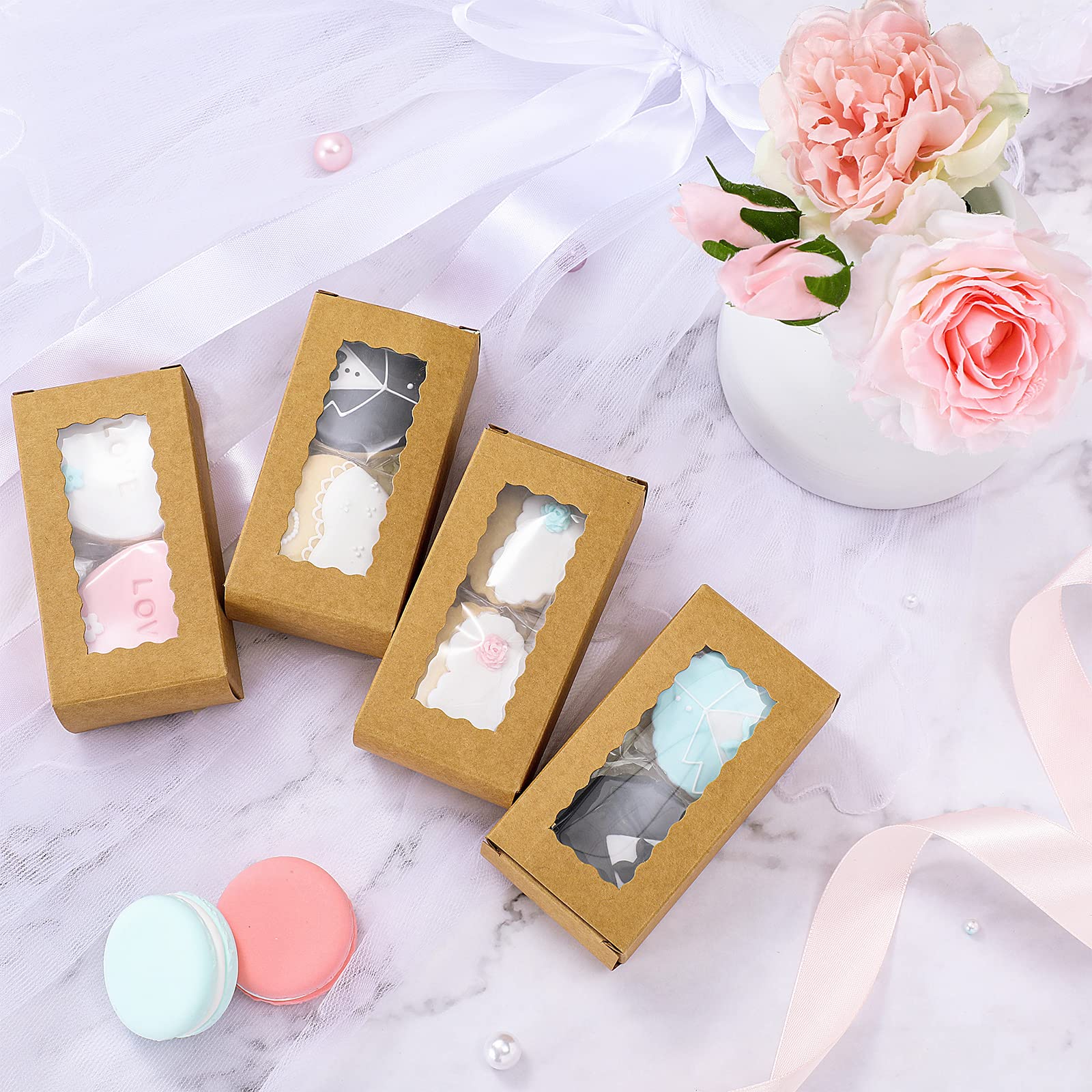100 Pcs Kraft Paper Macaron Boxes with Clear Window - 4.17 x 2.17 x 1.38 Inch Small Bakery Packaging for Desserts, Candy, Cake | Perfect for Macarons, Pastries, Cookies & Gift Packaging
