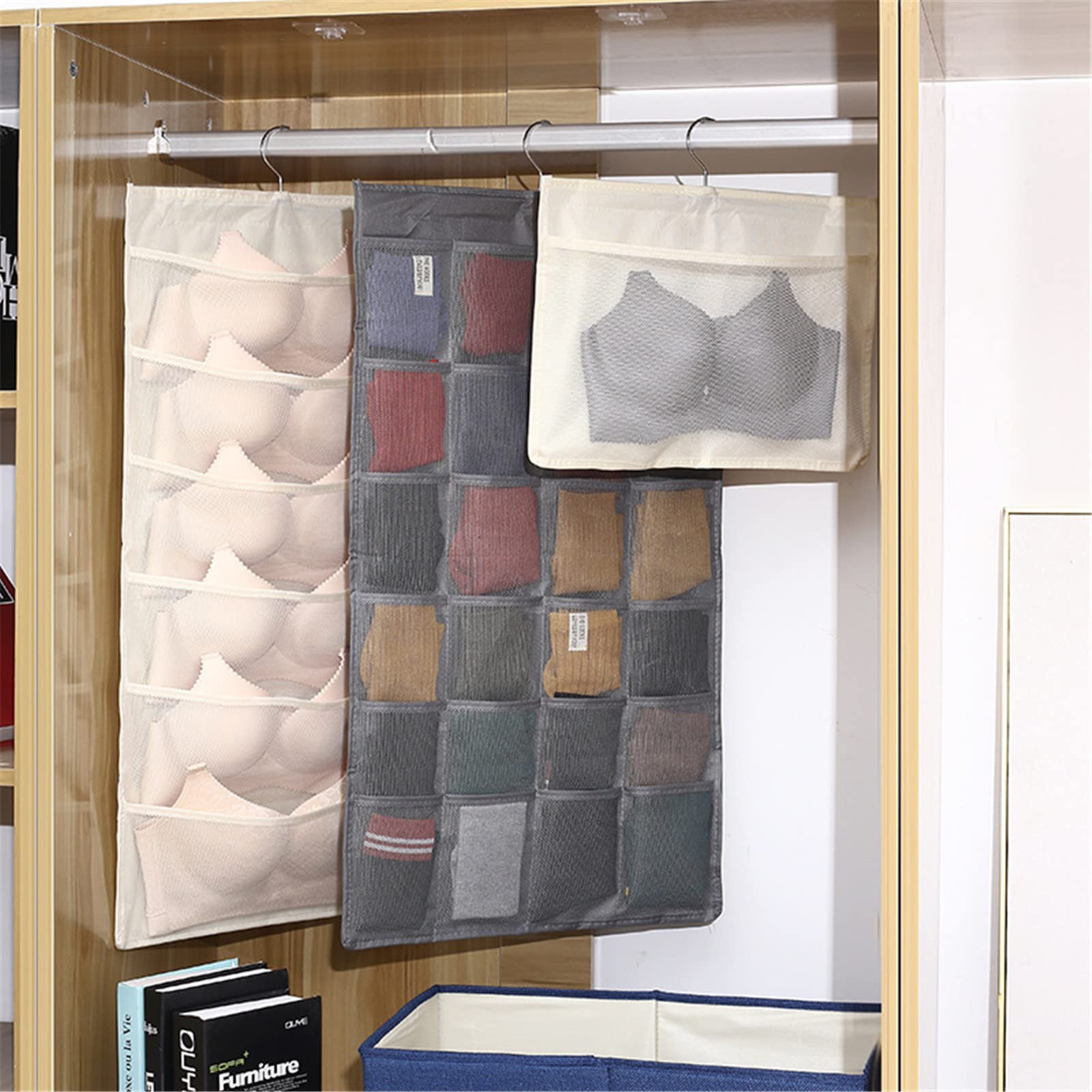 Gspmoly Dual-Sided Hanging Storage Organizer with Metal Hook - Space-Saving Underwear, Bra, Socks Holder for Wardrobe & Closet - Washable Oxford Fabric with Mesh Pockets (Gray) - Perfect for Small Spaces, Dorm Rooms & Travel Organization