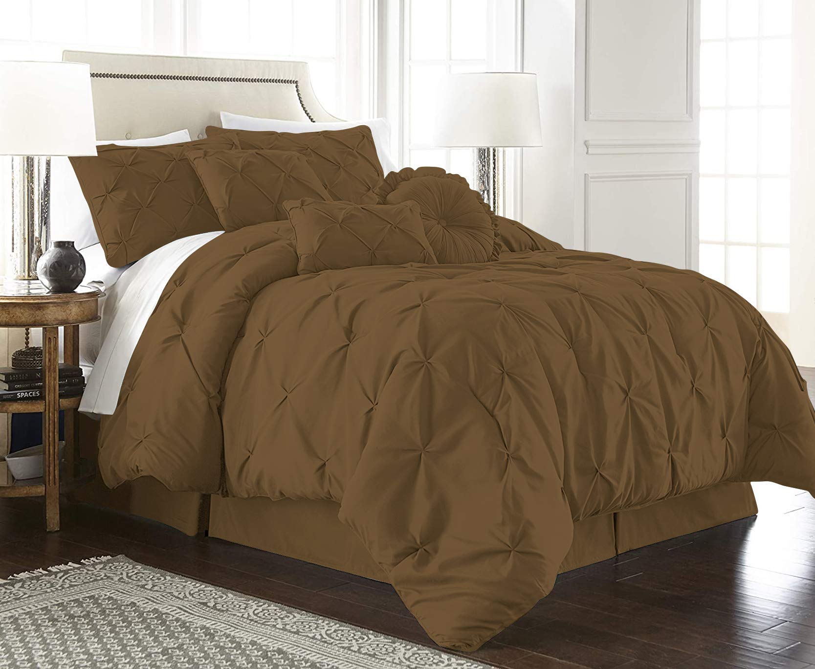 Luxury 800 Thread Count 100% Egyptian Cotton 7-Piece Pinch Pleat Pintuck Comforter Bedding Set - Full Size, Taupe - Soft & Breathable for Ultimate Comfort - Perfect for Master Bedroom, Guest Room or Hotel Style Decor