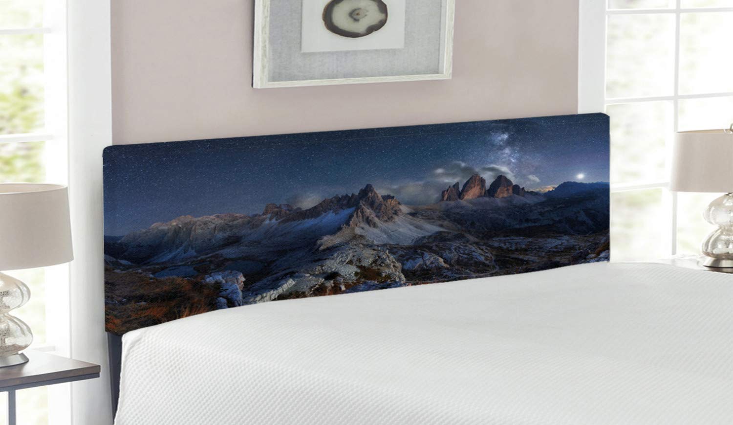 Ambesonne Queen Size Upholstered Headboard - Dolomites Italy Alps Mountain Landscape with Starry Night Sky & Milky Way - Decorative Metal Bed Headboard with Memory Foam - Dark Blue Redwood Tan - Perfect for Bedroom Decor & Cozy Reading Nook