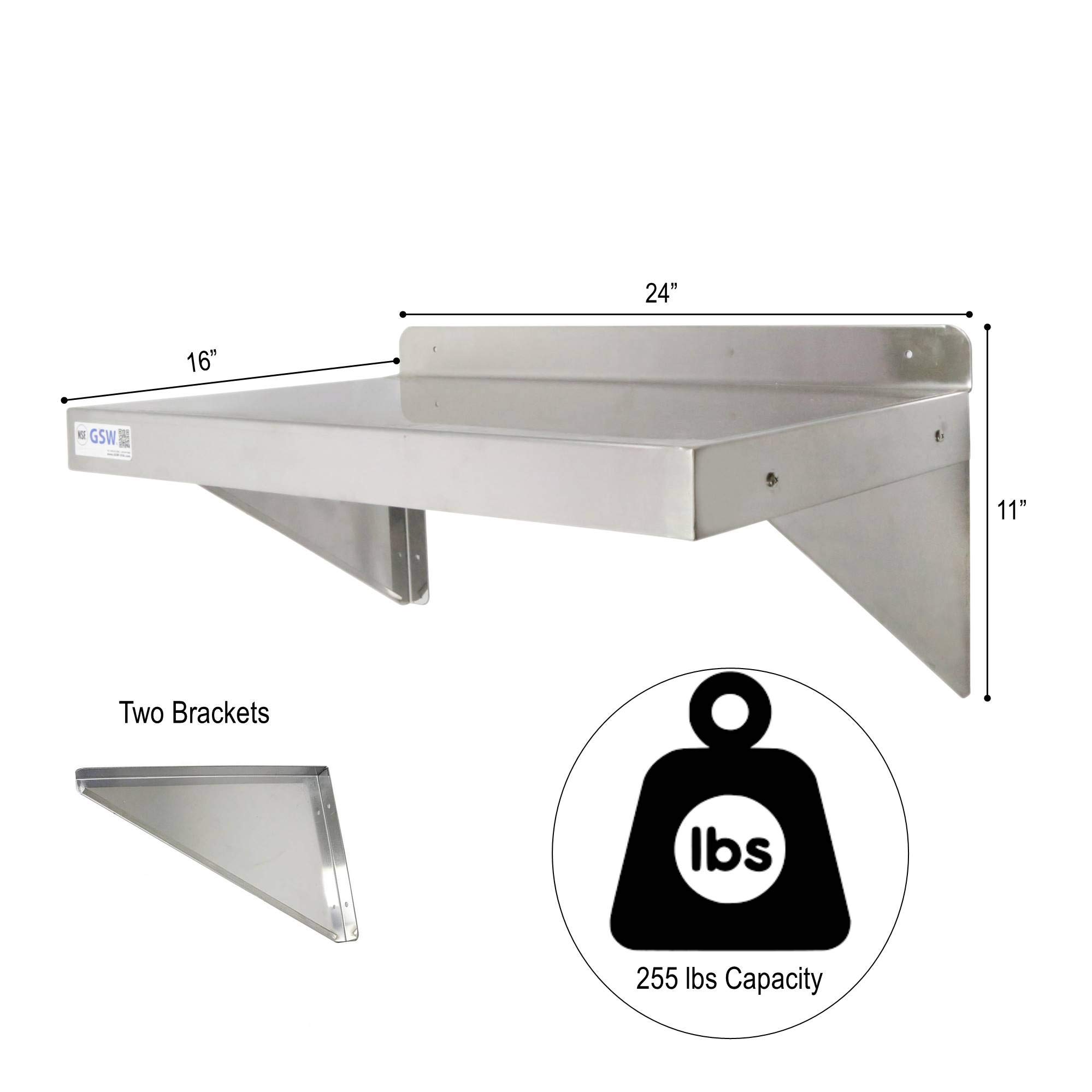 GSW NSF Approved 16”D x 24”W Stainless Steel Commercial Wall Mount Shelf - Heavy Duty Industrial Appliance Rack for Restaurant, Bar, Home Kitchen, Laundry, Garage & Utility Room - Perfect for Storage, Organization & Space Saving