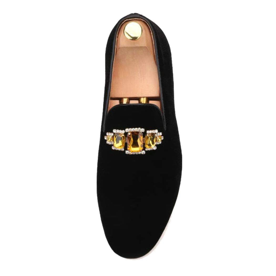 FERUCCI Handmade Men's Black Velvet Loafers with Gold Crystal Brooch - Luxury House Slippers & Casual Flats for Weddings, Parties and Formal Events