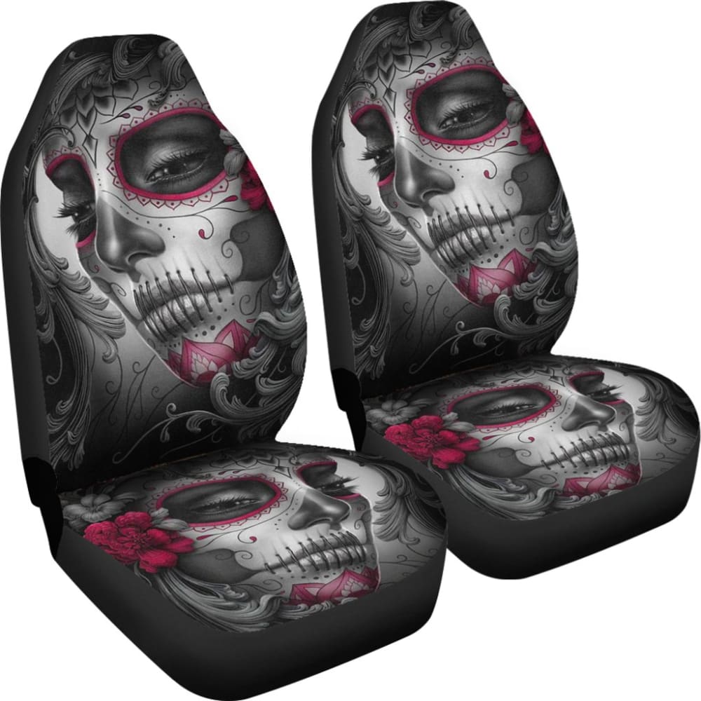 2 Pcs Sugar Skull Girl Car Seat Covers - Gothic Decor for Women's Vehicles, Halloween Auto Accessories - Perfect for Day of the Dead Decorations & Car Interior Styling