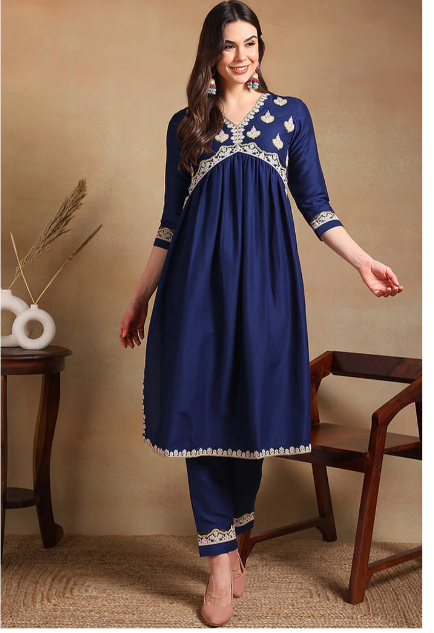 Navy Blue Silk Blend Embroidered Flared Kurta Set for Women | Elegant Indian Ethnic Wear | Perfect for Festivals, Weddings & Parties