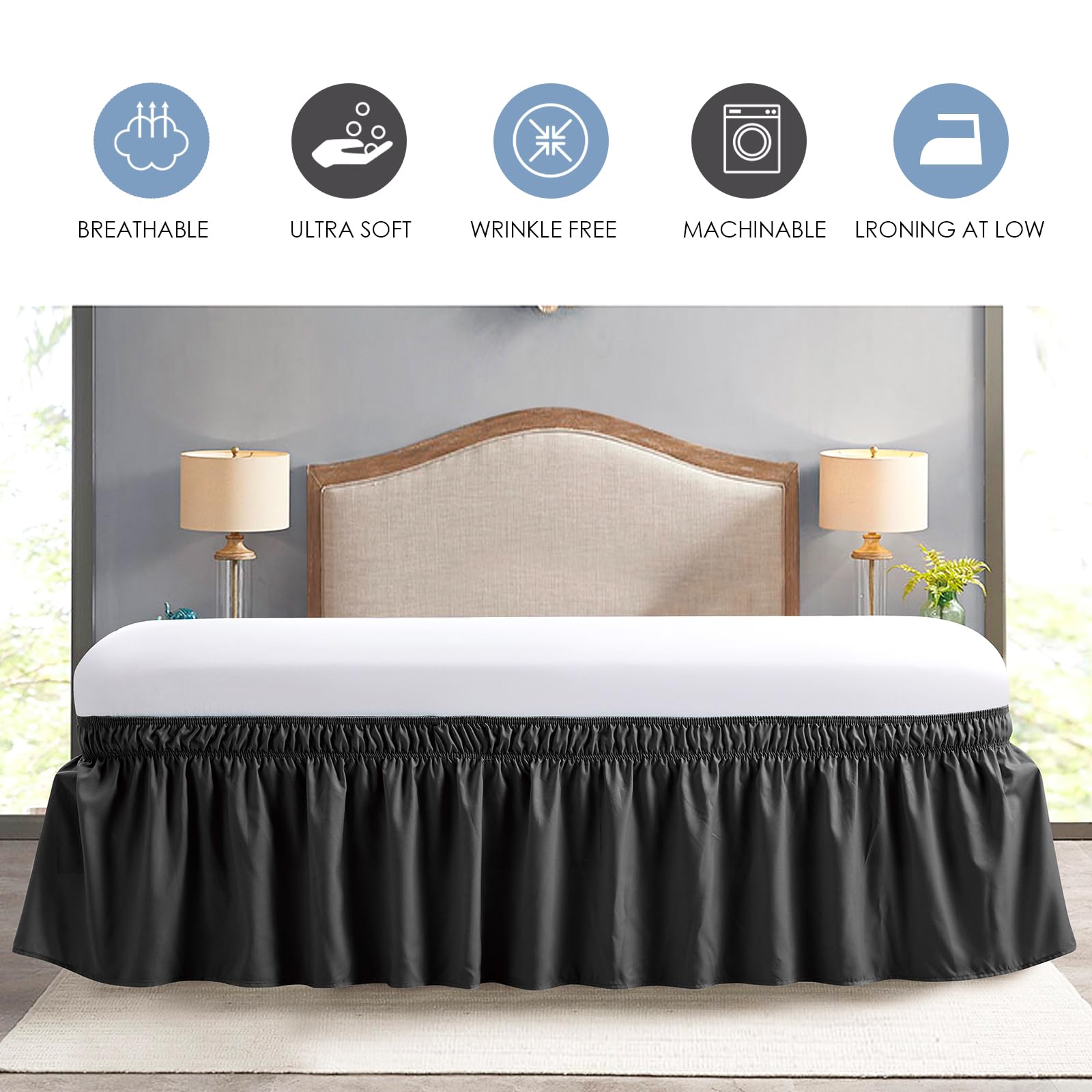 FreshCulture Queen Size Elastic Wrap Around Bed Skirt - 15-Inch Tailored Drop Dust Ruffle for Adjustable Beds | Hotel Quality Black Bed Skirt for Luxurious Bedroom Decor & Guest Room Styling