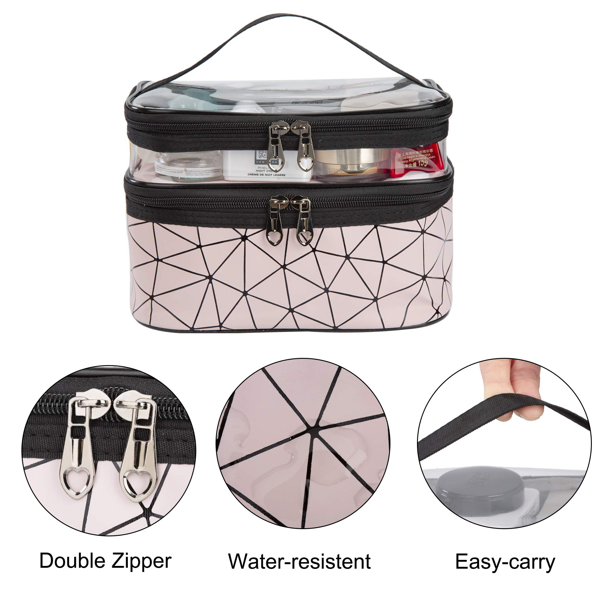 Waterproof Double Layer Makeup Bag - Travel Cosmetic Case for Home, Swimming & Business Trips (Pink)