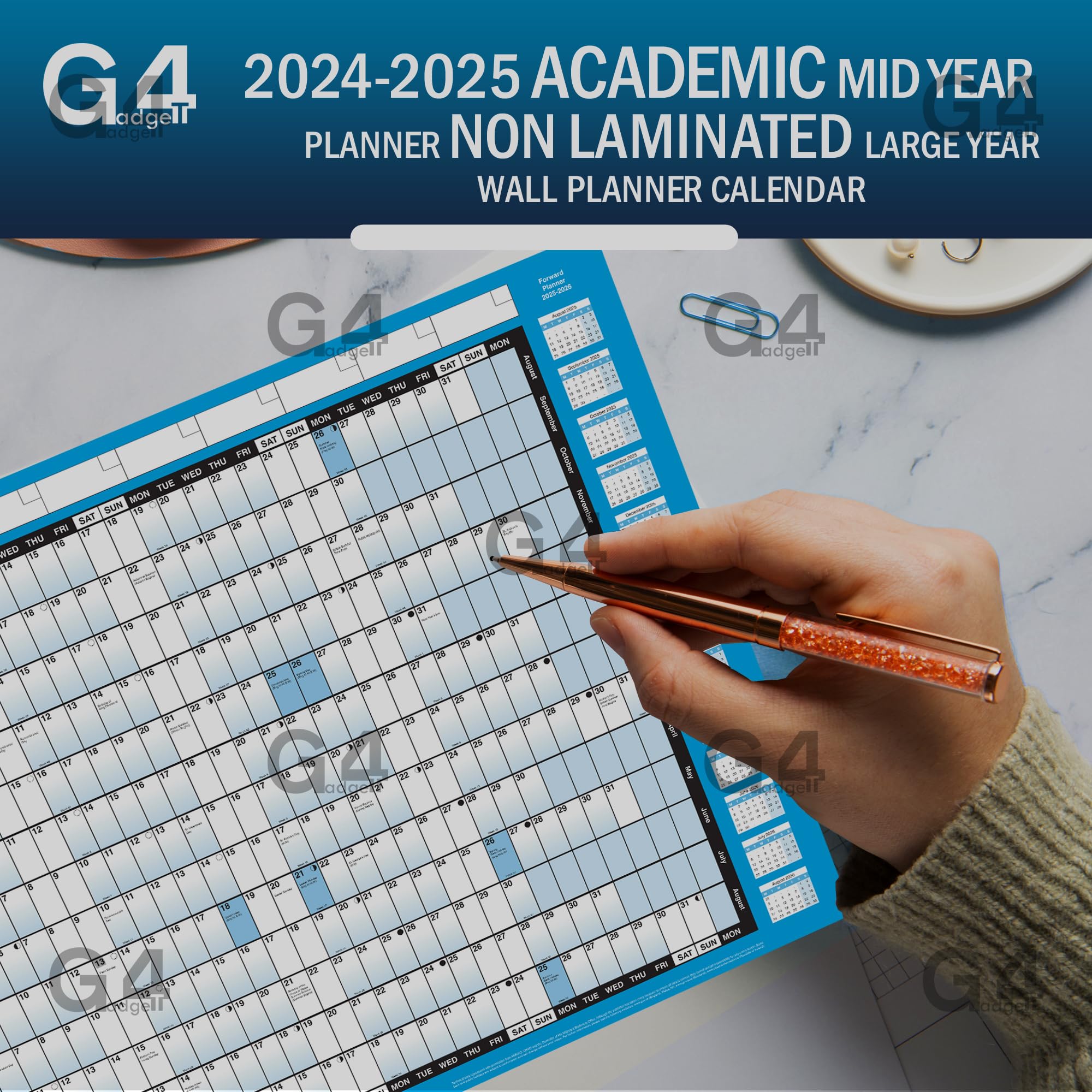 G4GADGET Academic Mid Year Planner 2024-2025 | Large A1 Size Wall Calendar (85cm x 58cm) | 13-Month Yearly Planner with UK Holidays | Perfect for Office, Home & School Organization | Great for Students, Teachers & Professionals