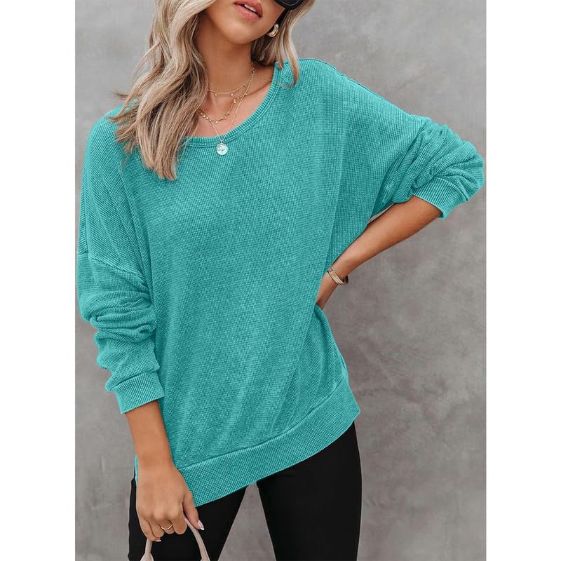 Women's Oversized Waffle Knit Sweatshirt - Split Hem Long Sleeve Crewneck Pullover | Casual Loose Fit Top for Fall, Winter & Layering