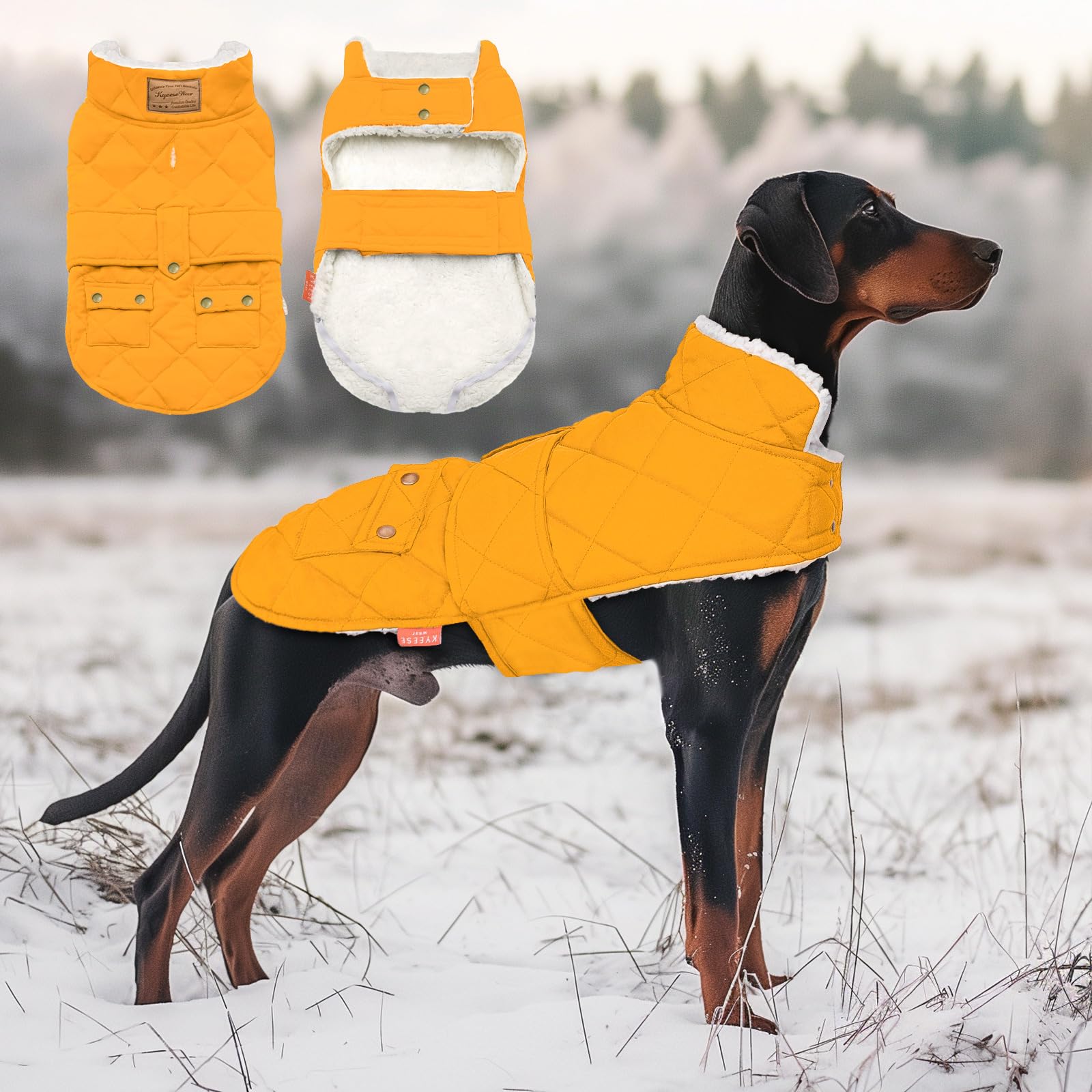 KYEESE Winter Windproof Dog Jacket with Leash Hole - Padded Sherpa Vest for Large Dogs, Cold Weather Coat in Yellow - Perfect for Outdoor Walks, Hiking & Winter Adventures
