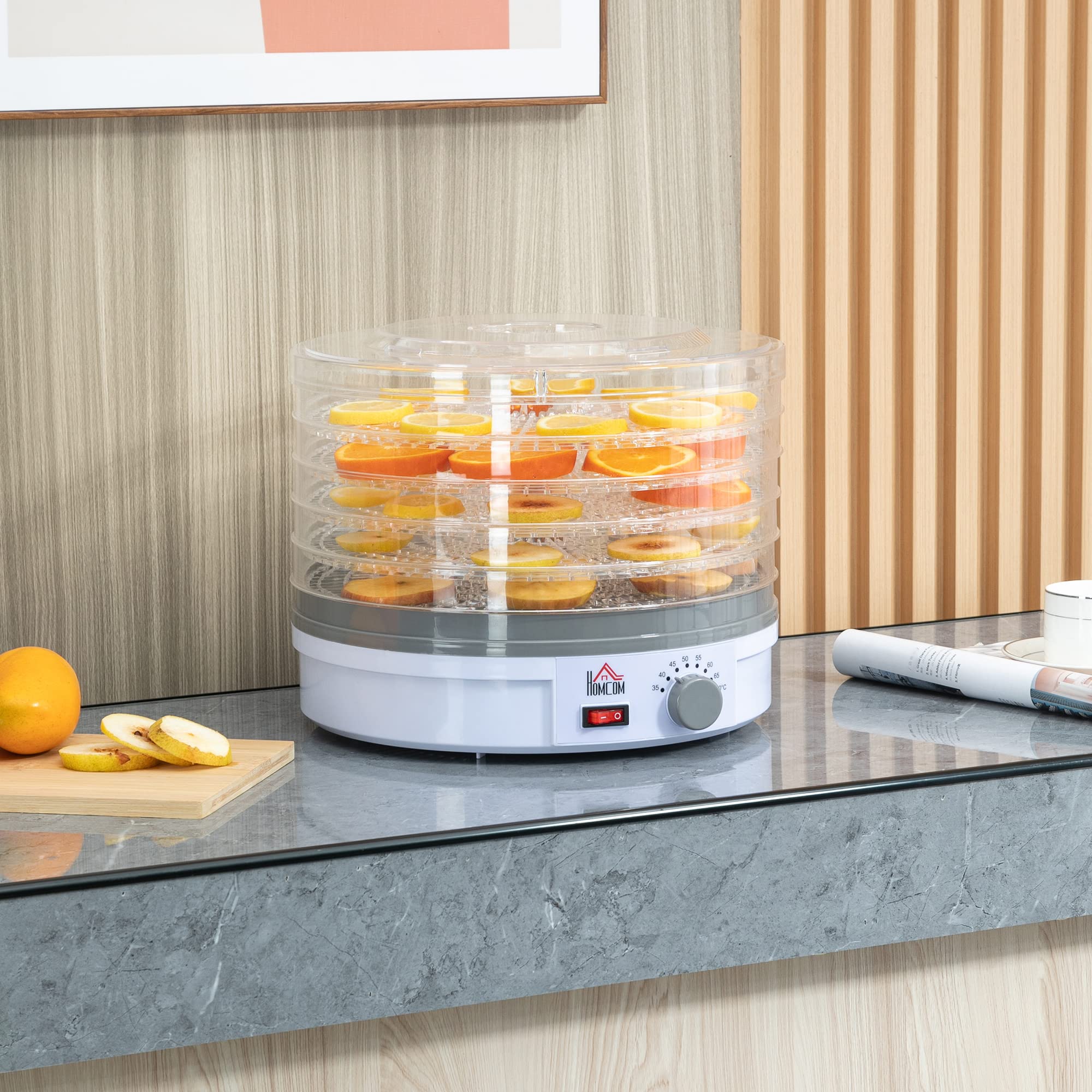 HOMCOM 5-Tier Food Dehydrator Machine - 245W Adjustable Temperature Control for Drying Fruits, Vegetables, Meat, Jerky & Pet Treats - White | Perfect for Home Kitchen, Camping & Healthy Snack Preparation