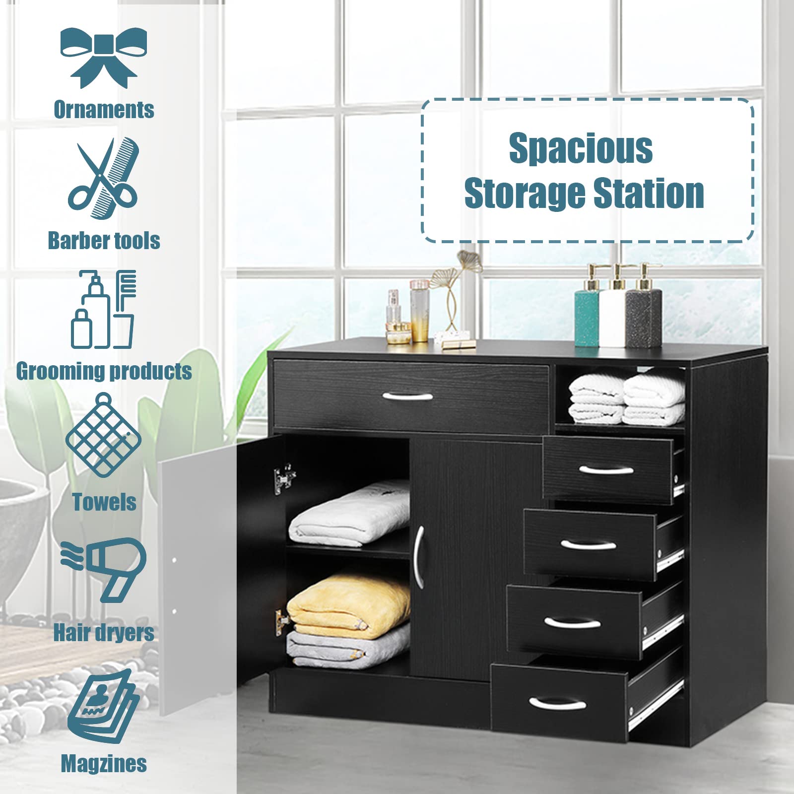 Professional 5-Drawer Black Salon Barber Hair Styling Storage Cabinet with Large Cabinet - Perfect for Barber Shops, Salons & Bathroom Organization