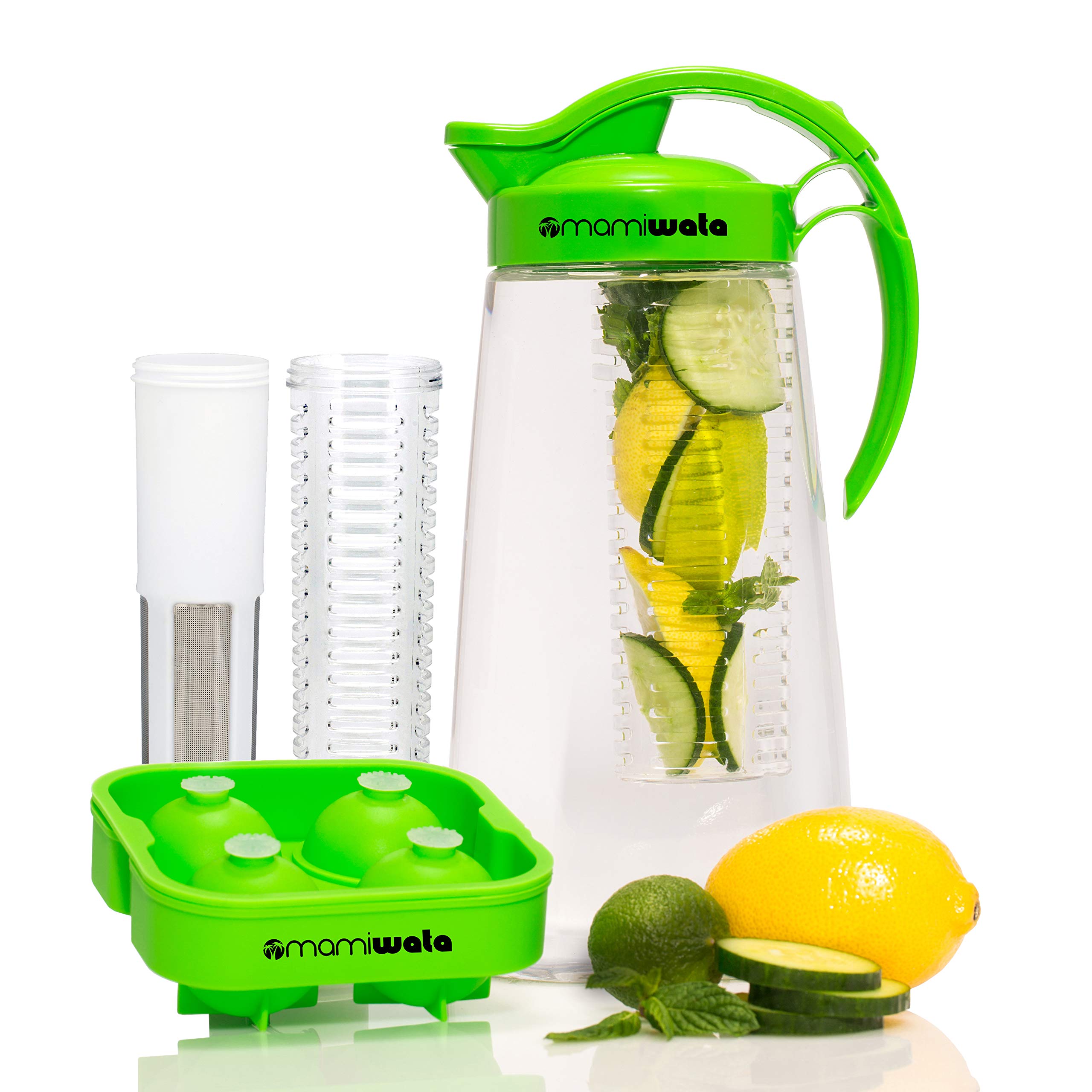 Premium Fruit & Tea Infusion Water Pitcher with Ice Ball Maker - BPA-Free Shatterproof Jug, Fruit & Tea Infusers - Includes Free Recipe Booklet - Perfect for Detox, Hydration & Flavorful Drinks at Home, Office or Gym