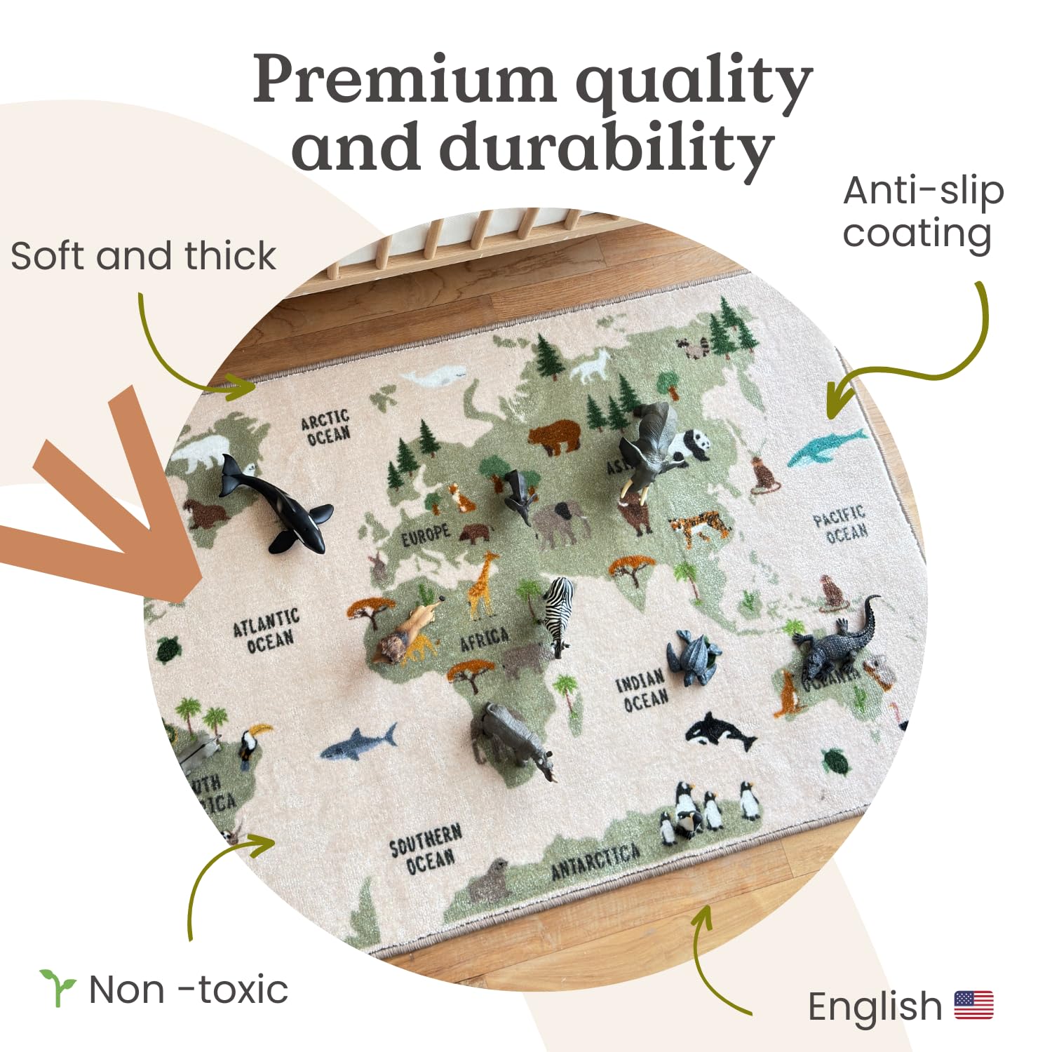 59 x 31 Inch World Map Educational Kids Carpet with Animals, Continents & Oceans - Soft Non-Slip Playmat Rug for Children's Bedroom, Nursery or Playroom - Perfect for Learning Geography & Fun Playtime