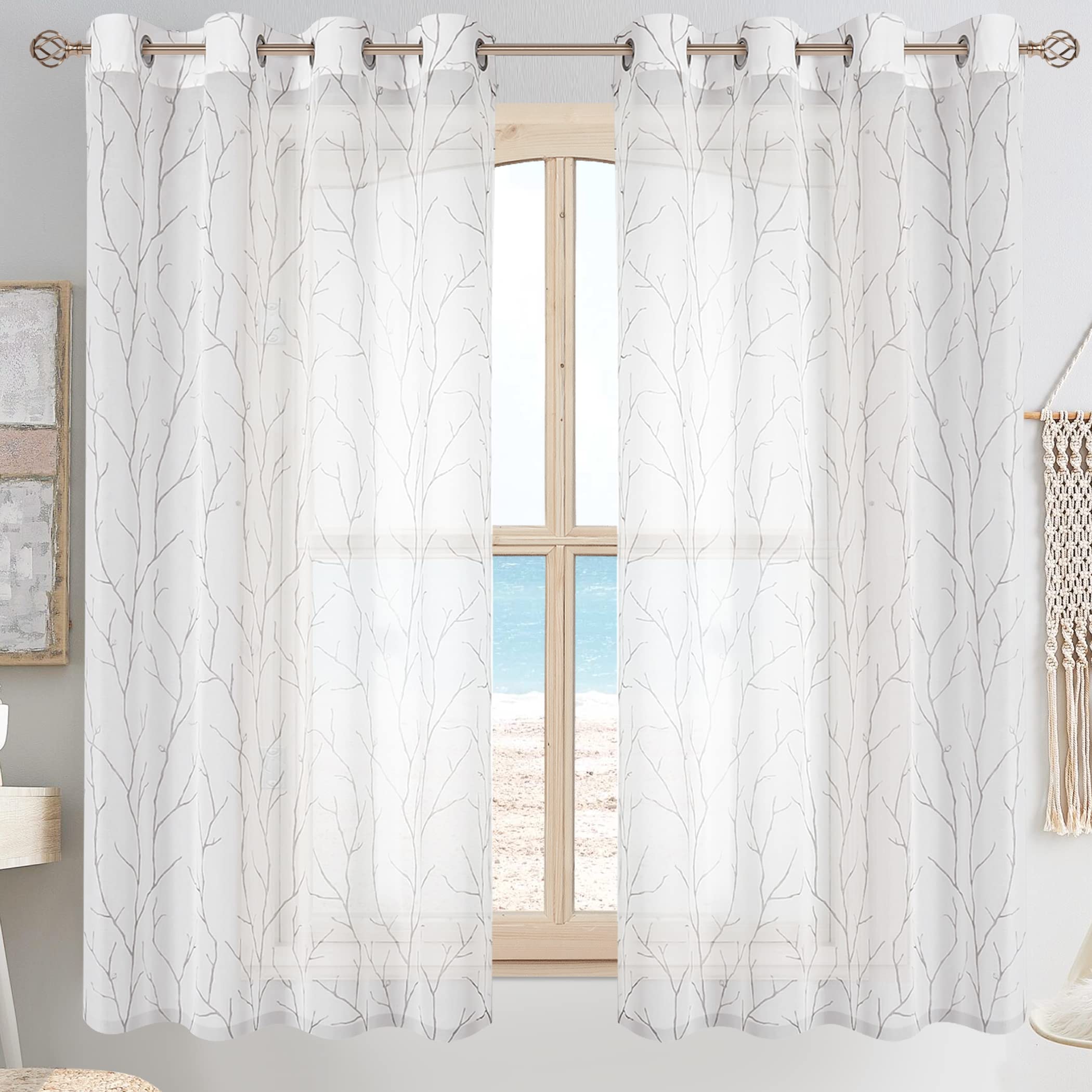 BUHUA Sheer Window Curtains 52x63 Inches - 2 Panel Set with Christmas Tree Pattern, Semi-Transparent White Kitchen & Living Room Drapes for Privacy & Holiday Decor