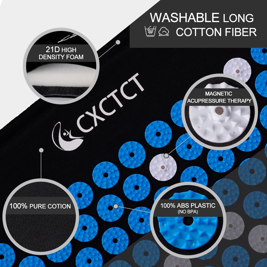 Extra Long Yoga Acupressure Mat Set - Large Magnetic Massage Mat with Neck Pillow for Back Pain Relief & Relaxation | Perfect for Home Yoga, Meditation, and Stress Relief (Blue)