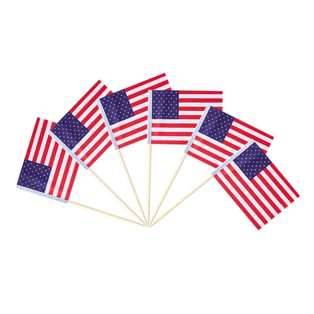 USA Small Toothpick Flags - 100 Pack Patriotic Cupcake Toppers for 4th of July, Memorial Day, Independence Day Decorations & Party Supplies