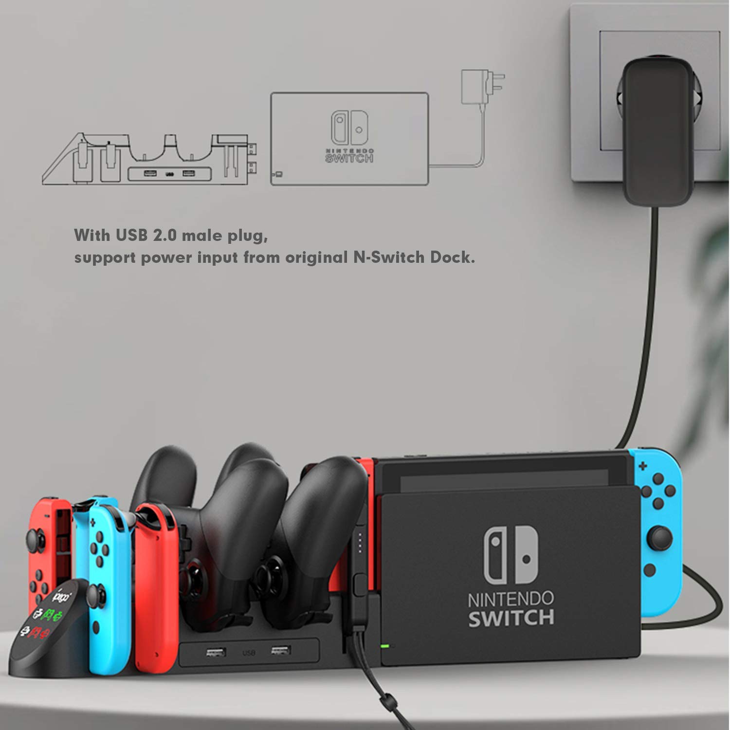 ECHZOVE Nintendo Switch Controller Charger - Fast Charging Dock for 4 Joy-Con & 2 Pro Controllers with USB 2.0 Ports | Includes 2 Joy-Con Wrist Straps | Perfect for Multiplayer Gaming Sessions & Family Game Nights (Not Compatible with PowerA Pro Controllers)