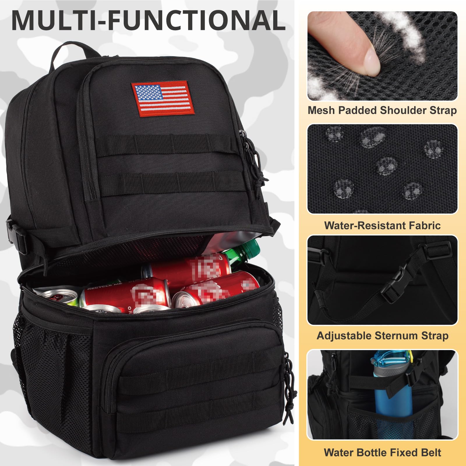 Tactical Double Deck Cooler Backpack for Men - Large Insulated Lunch Bag with 2 Compartments, Water-Resistant & Leak-Proof Soft Cooler - Perfect for Beach, Picnic, Camping, Hiking & Outdoor Adventures