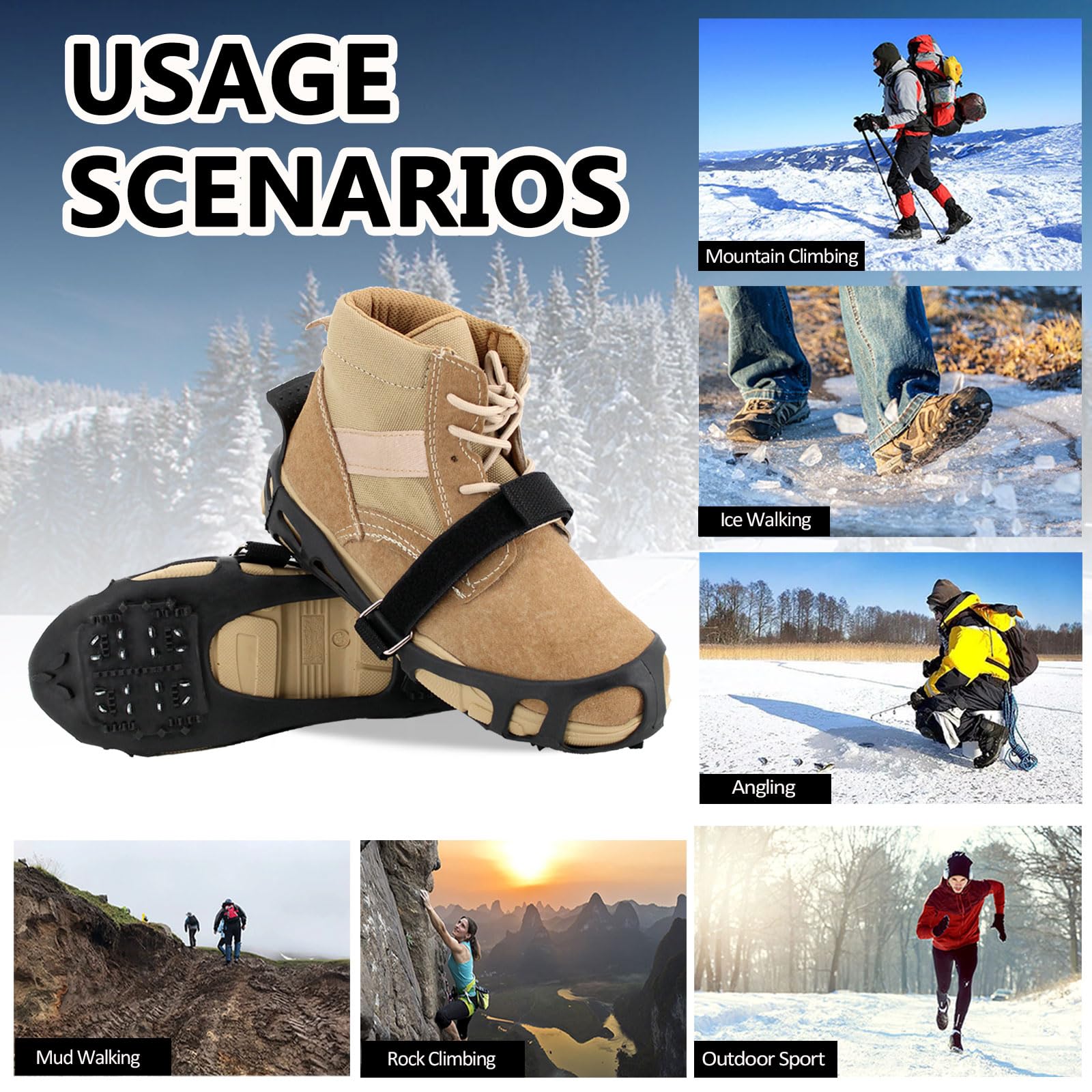 Non-Slip Ice Cleats for Shoes & Boots - Traction Crampons for Men, Women & Kids - Winter Hiking, Climbing, Walking & Fishing - Rubber Stainless Steel Spikes for Snow & Ice - Perfect for Outdoor Adventures & Slippery Conditions